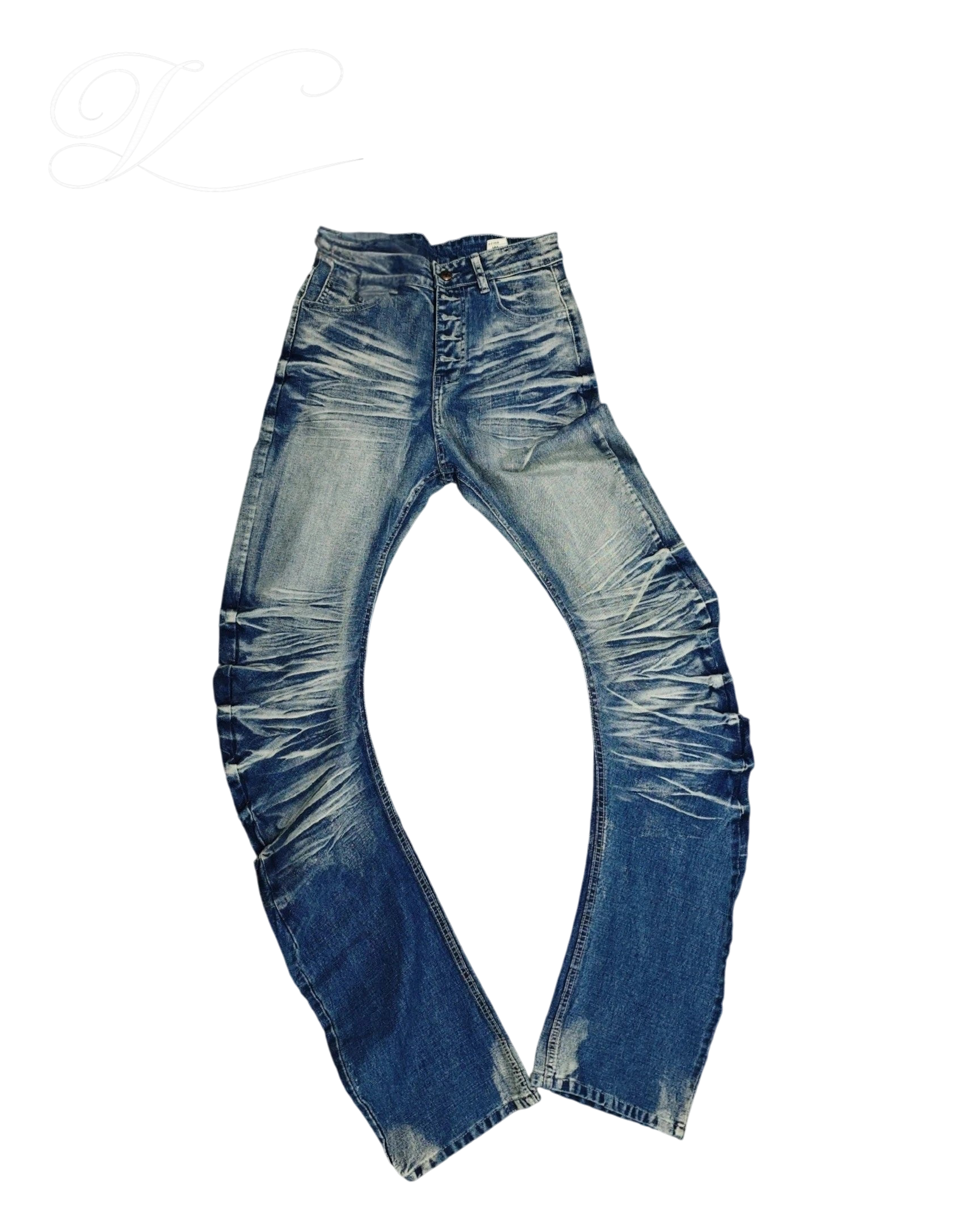 Vicious Stacked Wash Denim jeans in blue with a slim bootcut fit, cat-whisker fading, and crackle wash texture.