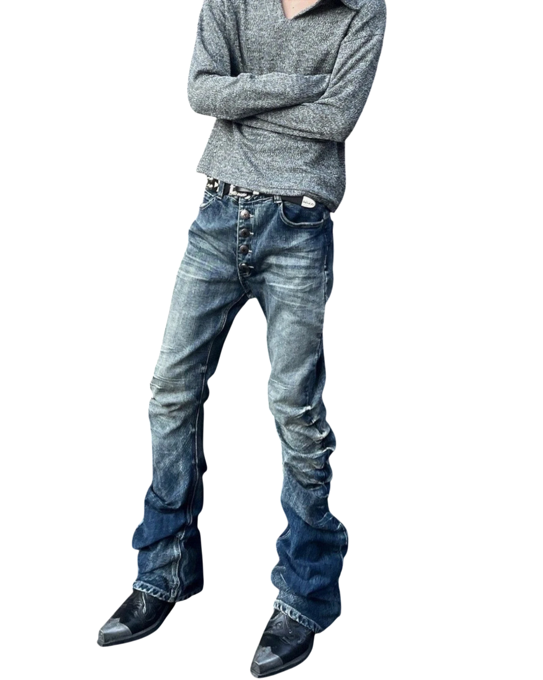 Vicious Stacked Wash denim jeans in slim bootcut fit with distressed crackle wash and button fly detail.