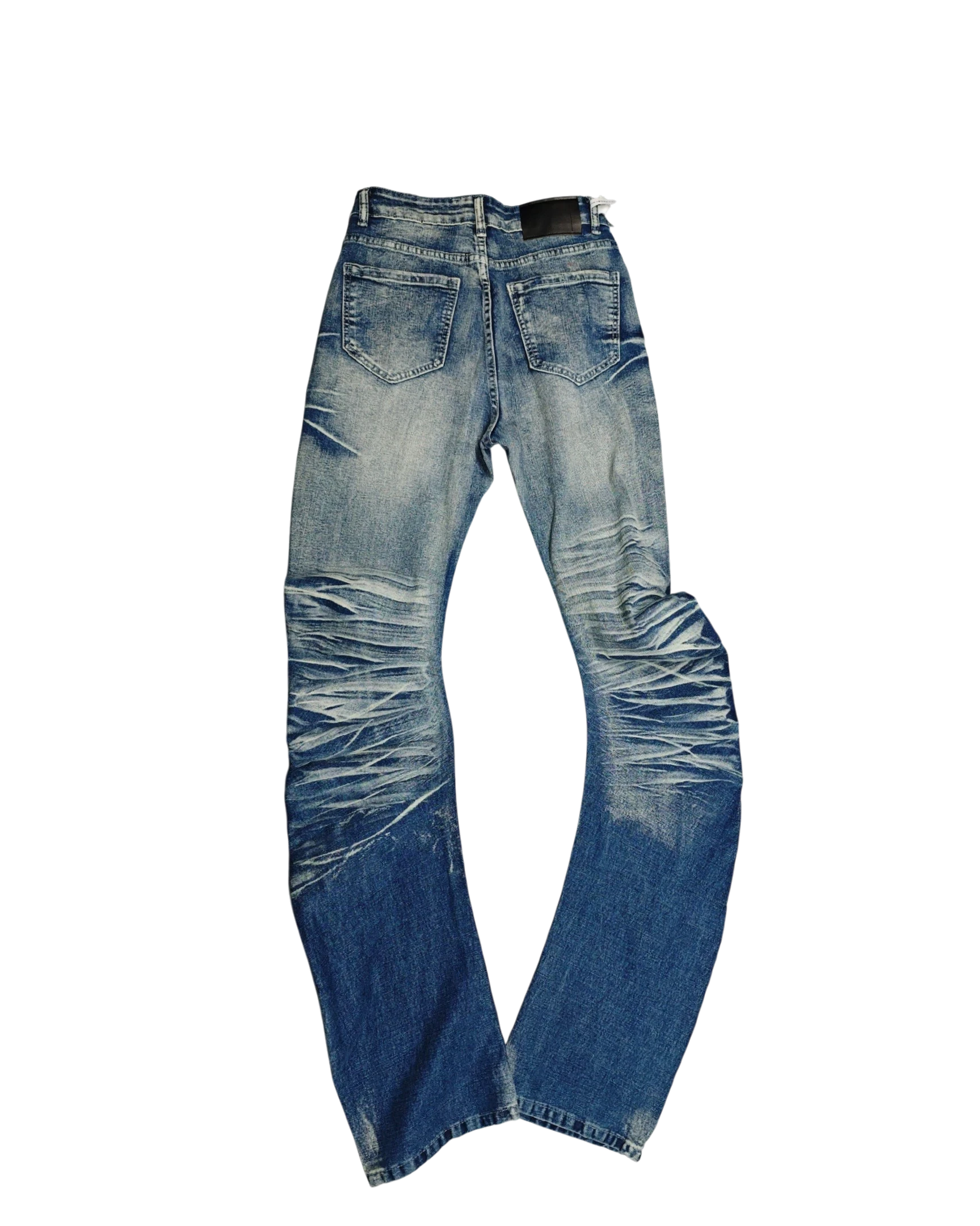 Vicious Stacked Wash denim jeans with a slim bootcut fit, featuring cat-whisker fading and a distressed crackle wash.