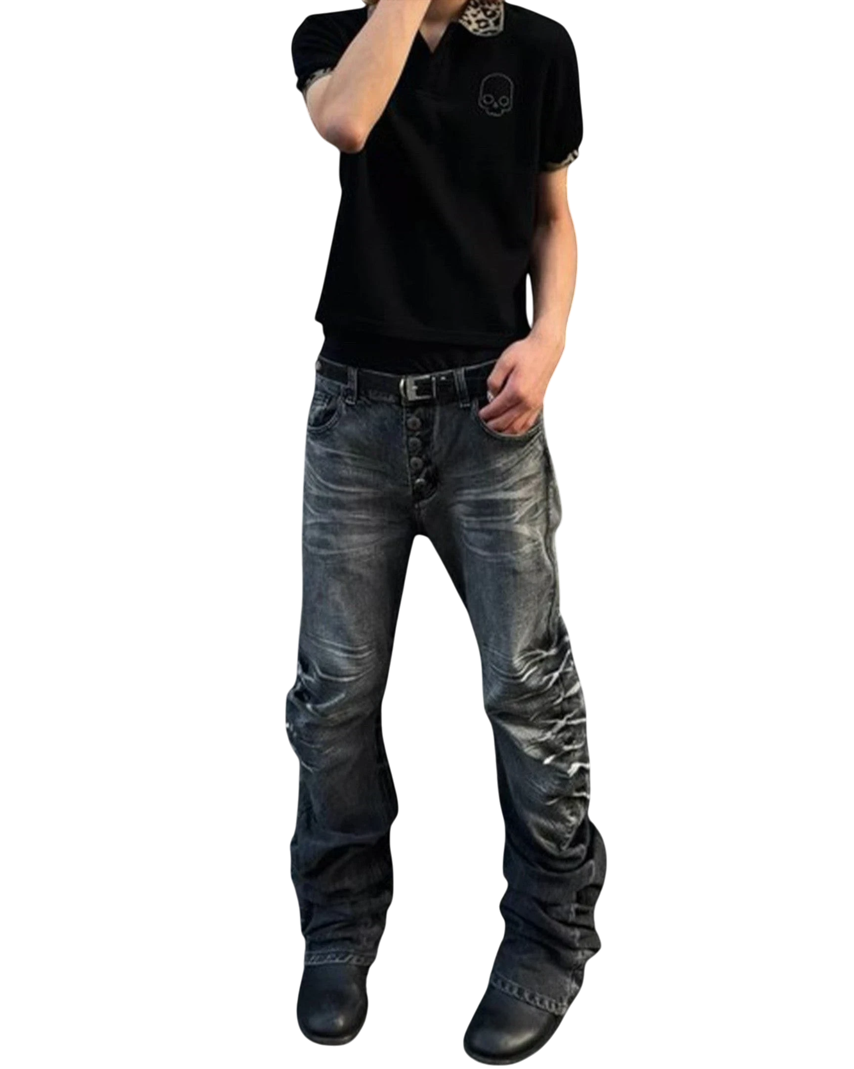 Vicious Stacked Wash Denim jeans featuring a slim bootcut fit, distressed crackle wash, and cat-whisker fading.