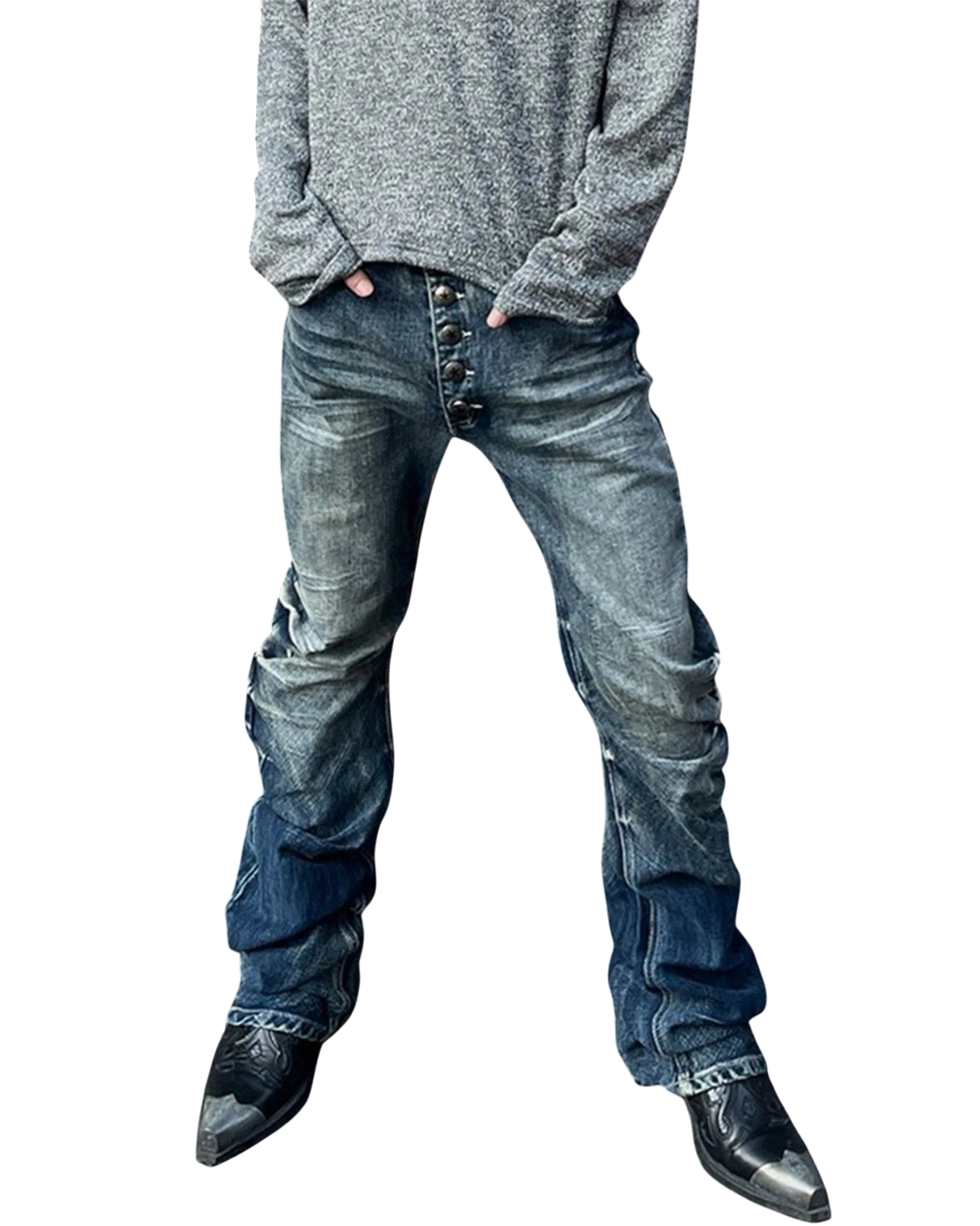 Vicious Stacked Wash denim jeans with a slim bootcut fit, featuring cat-whisker fading and a button-fly closure.
