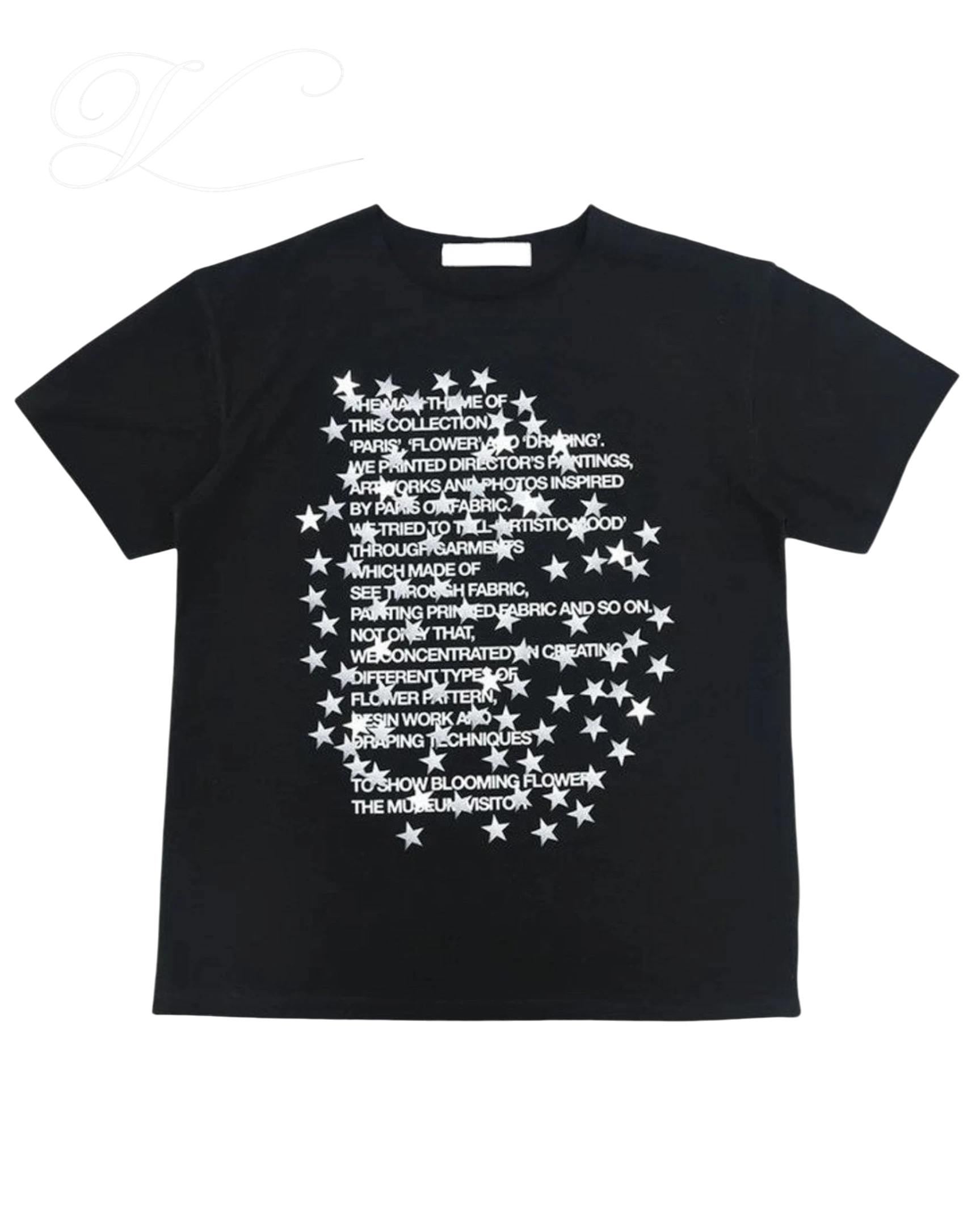 Vicious Star Script Tee in black cotton with a white star-patterned graphic and artistic text print.