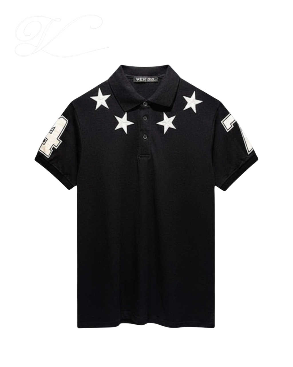 Vicious Starlit Polo in black cotton with white embroidered stars around the collar and number prints on the sleeves.