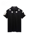 Vicious Starlit Polo in black cotton with white embroidered stars around the collar and number prints on the sleeves.