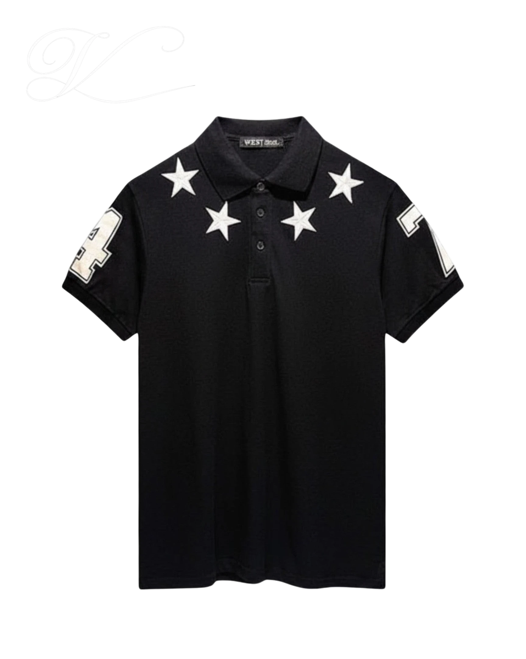 Vicious Starlit Polo in black cotton with white embroidered stars around the collar and number prints on the sleeves.
