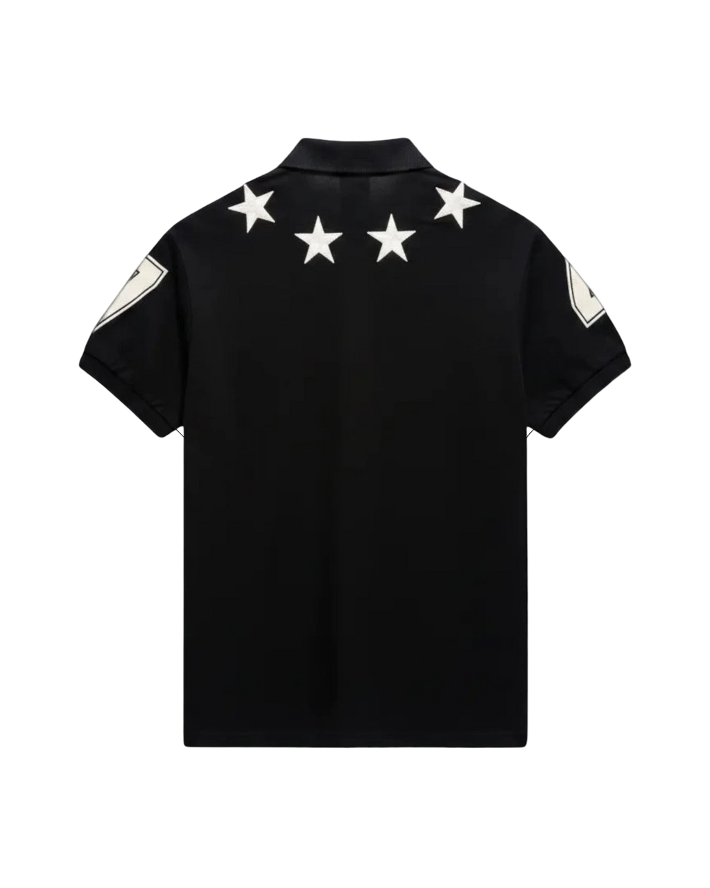 Vicious Starlit Polo in black cotton with white embroidered stars around the collar and number prints on the sleeves.