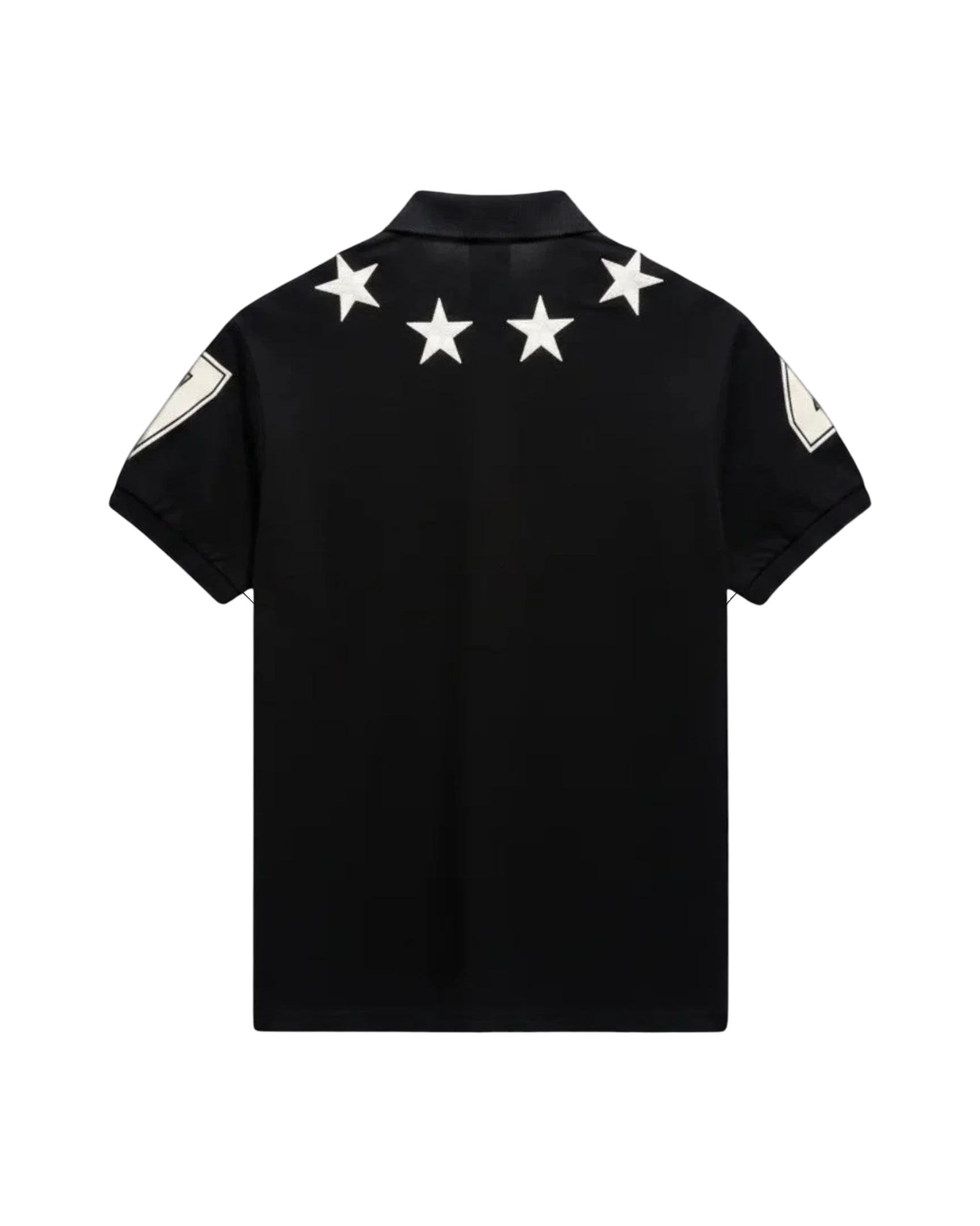 Vicious Starlit Polo in black cotton with white embroidered stars around the collar and number prints on the sleeves.