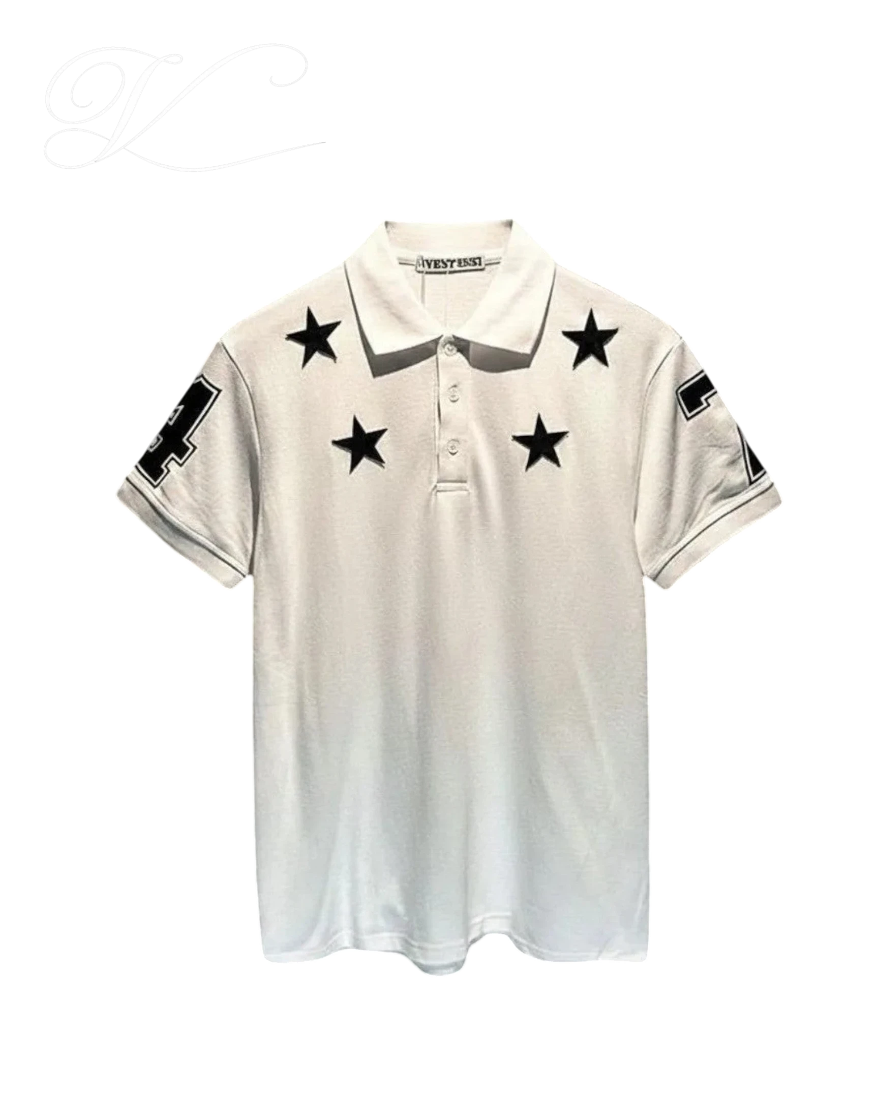 Vicious Starlit Polo in white cotton with black embroidered stars around the collar and number prints on sleeves.