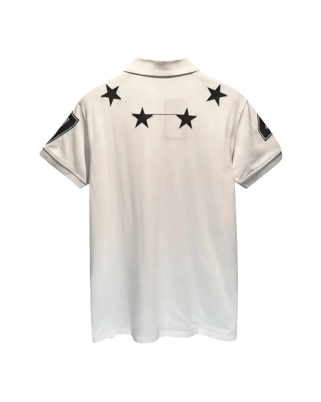 Back view of Vicious Starlit Polo in white cotton with black embroidered stars around the collar and sleeve prints.
