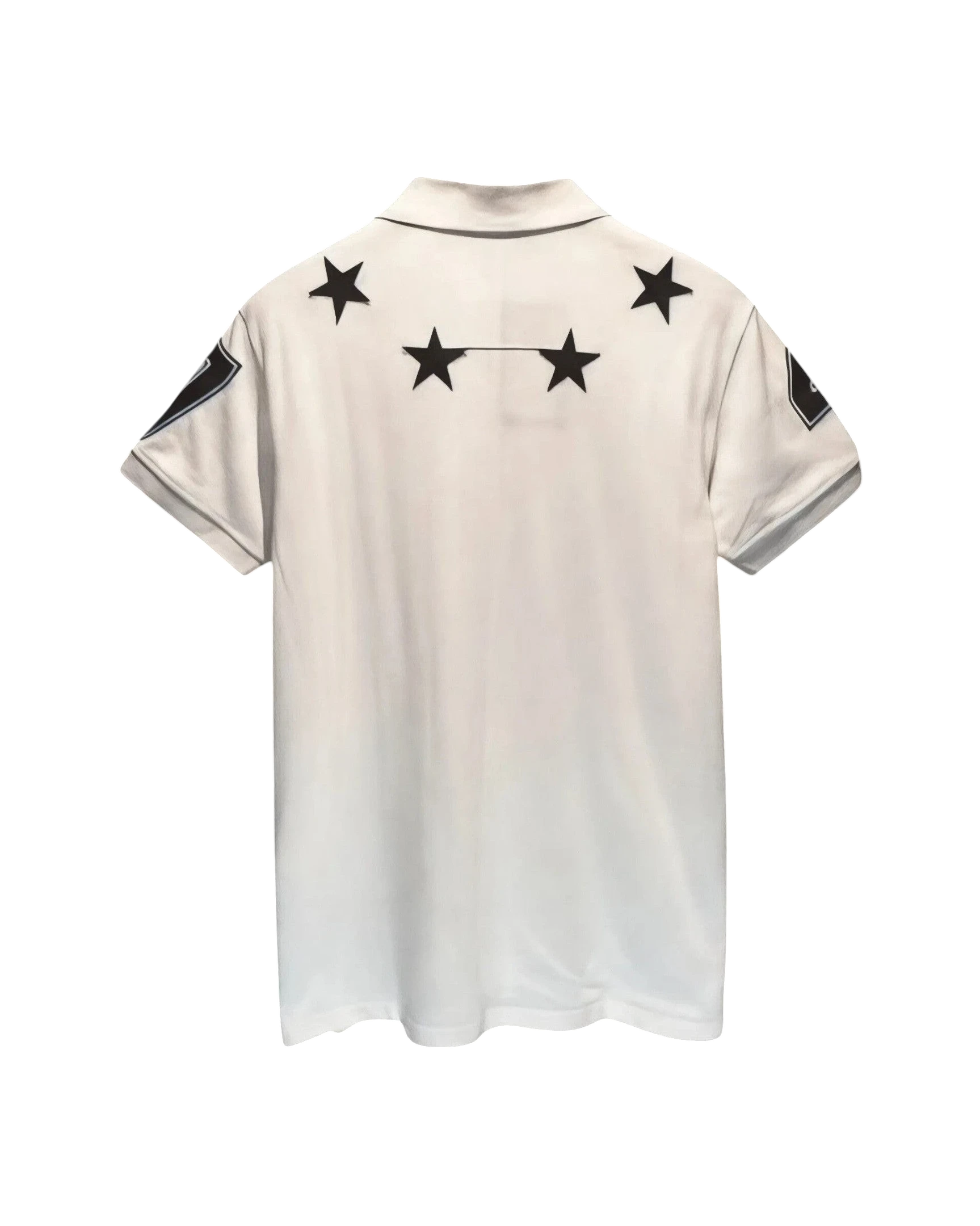 Back view of Vicious Starlit Polo in white cotton with black embroidered stars around the collar and sleeve prints.