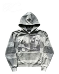 Vicious striped grey zip-up hoodie featuring punk rock frayed appliqué patches of Avril Lavigne on the chest