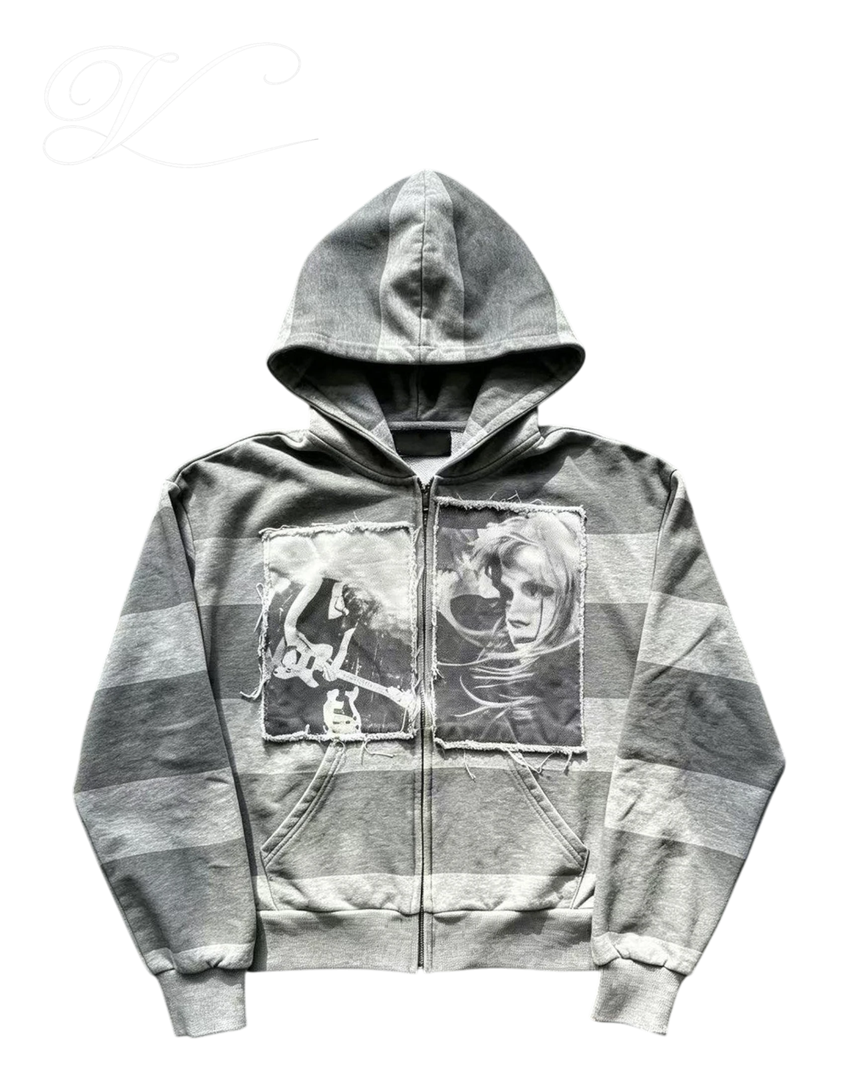 Vicious striped grey zip-up hoodie featuring punk rock frayed appliqué patches of Avril Lavigne on the chest