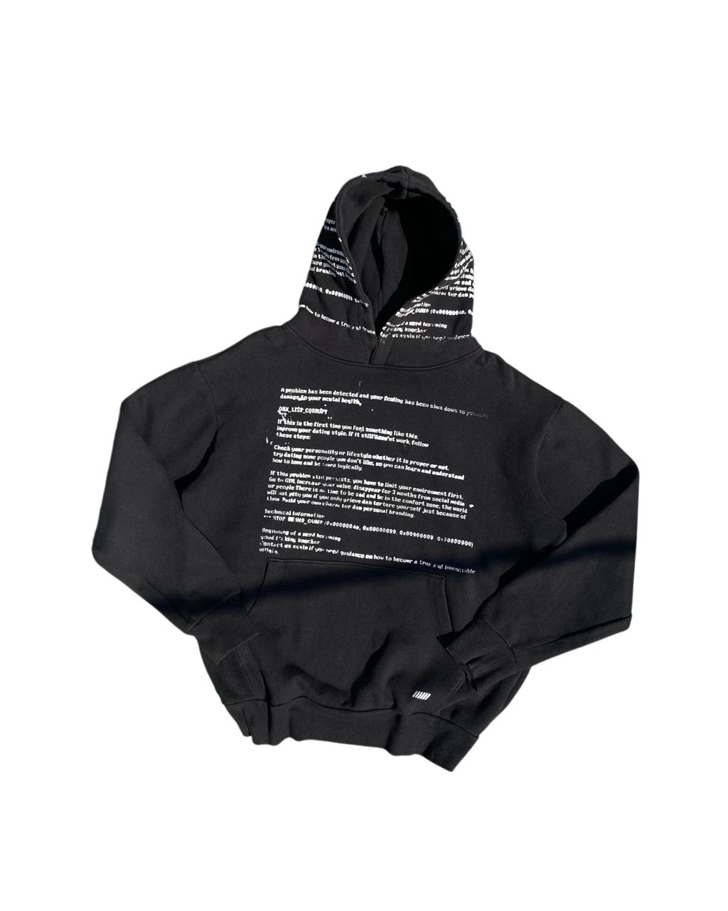 Vicious SYSTEM ERROR oversized black hoodie with white text block print on chest and patterned hood
