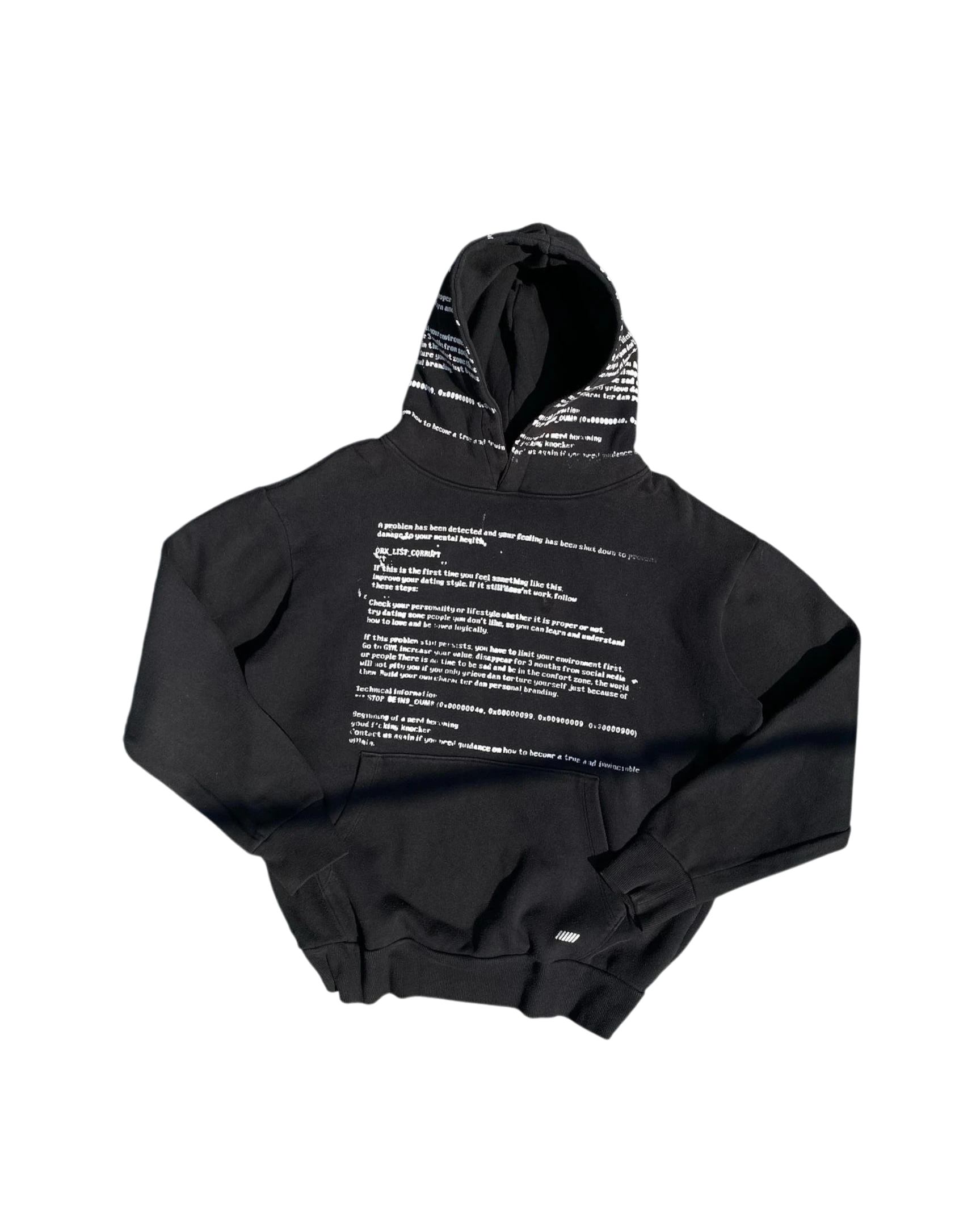 Vicious SYSTEM ERROR oversized black hoodie with white text block print on chest and patterned hood