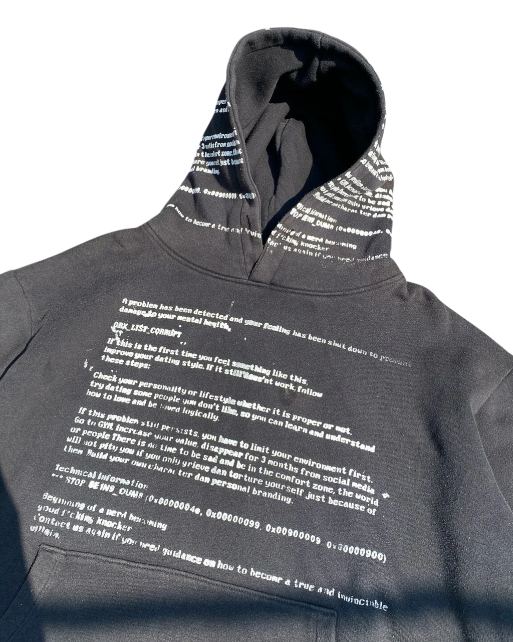 Vicious SYSTEM ERROR oversized black hoodie with white technical text print on chest and hood and kangaroo pocket