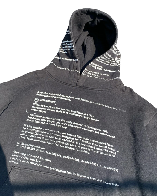 Vicious SYSTEM ERROR oversized black hoodie with white technical text print on chest and hood and kangaroo pocket
