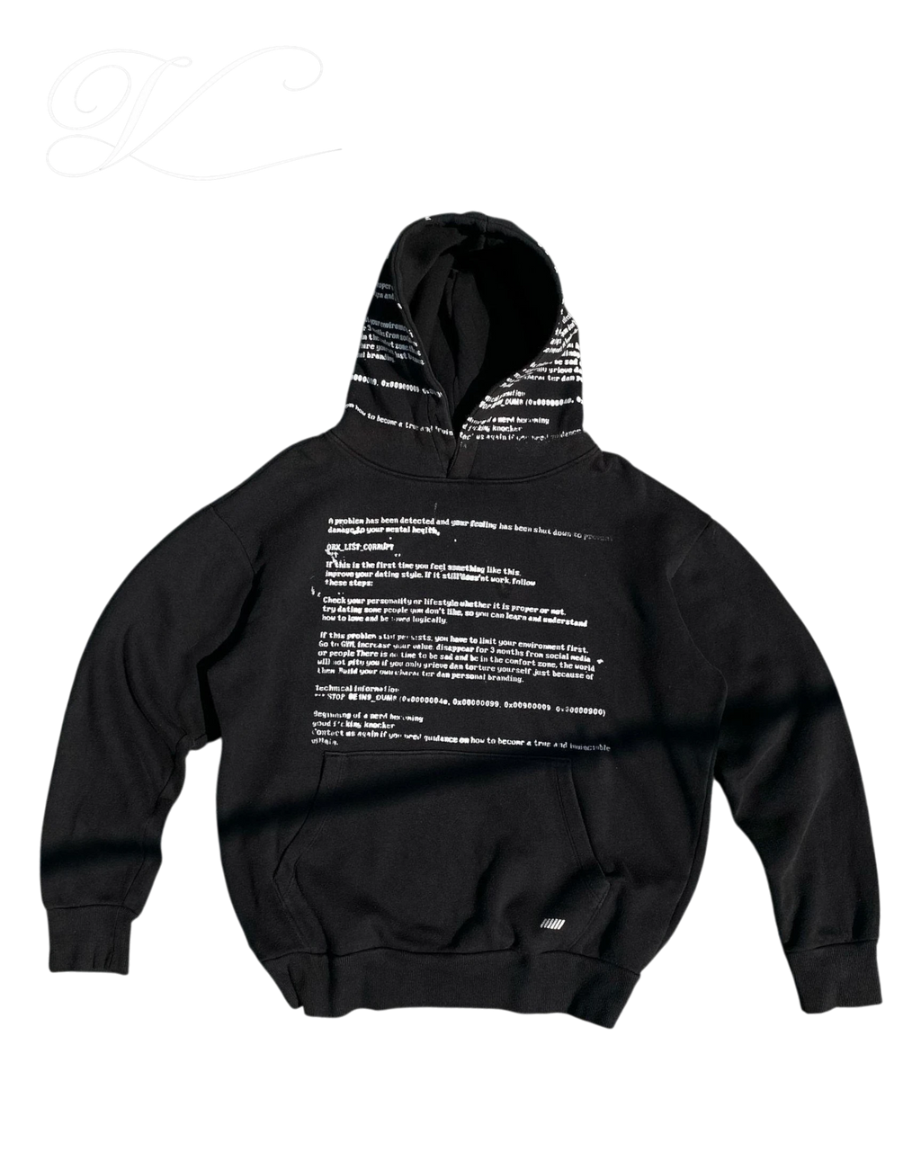 Vicious SYSTEM ERROR oversized black hoodie with white technical text print on the back and two-tone hood detail