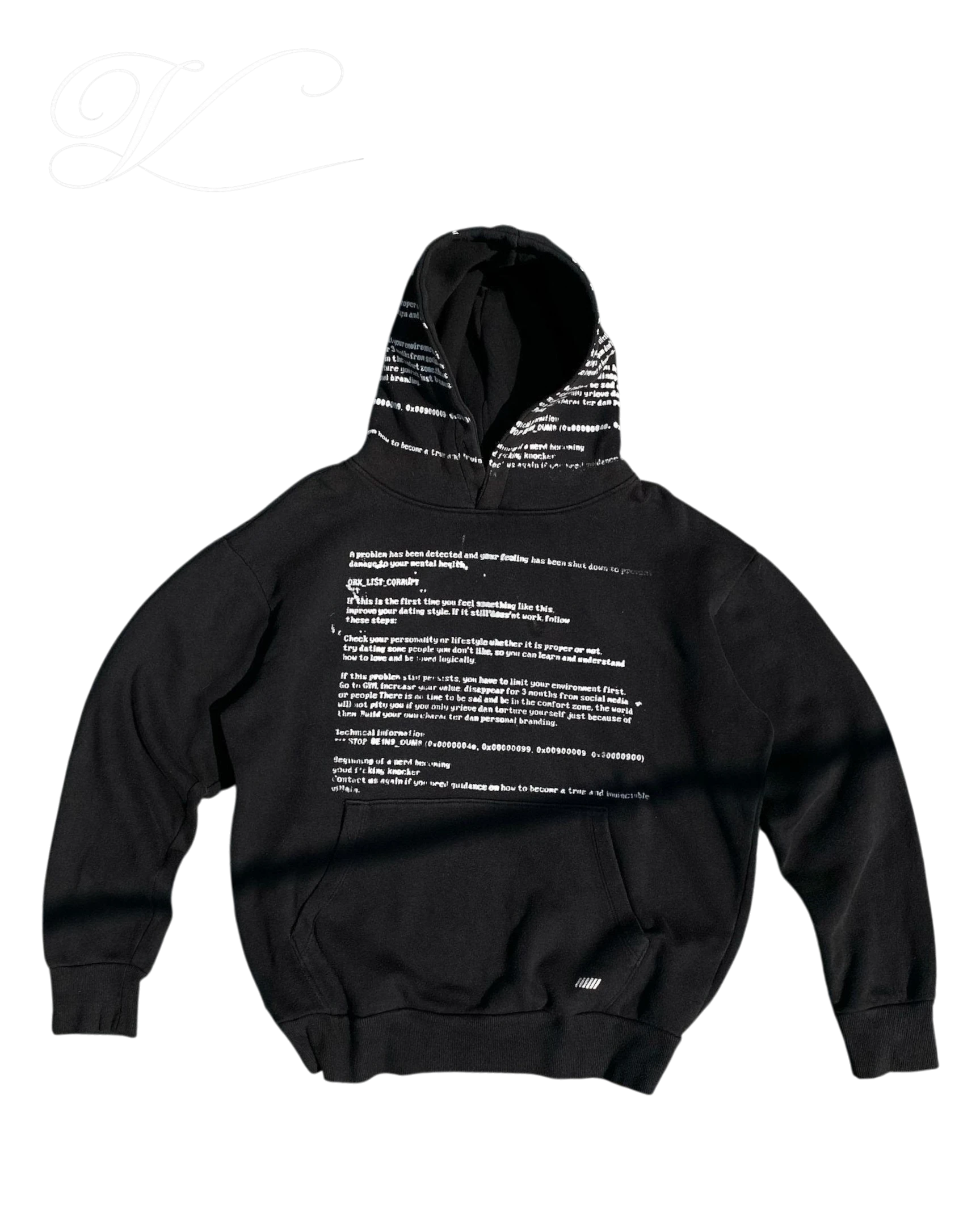 Vicious SYSTEM ERROR oversized black hoodie with white technical text print on the back and two-tone hood detail