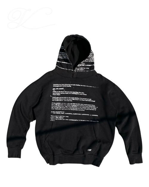 Vicious SYSTEM ERROR oversized black hoodie with white technical text print on the back and two-tone hood detail