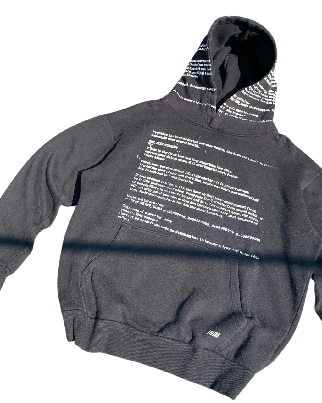 Vicious SYSTEM ERROR oversized black hoodie with white text block print on chest and detailed print on the hood