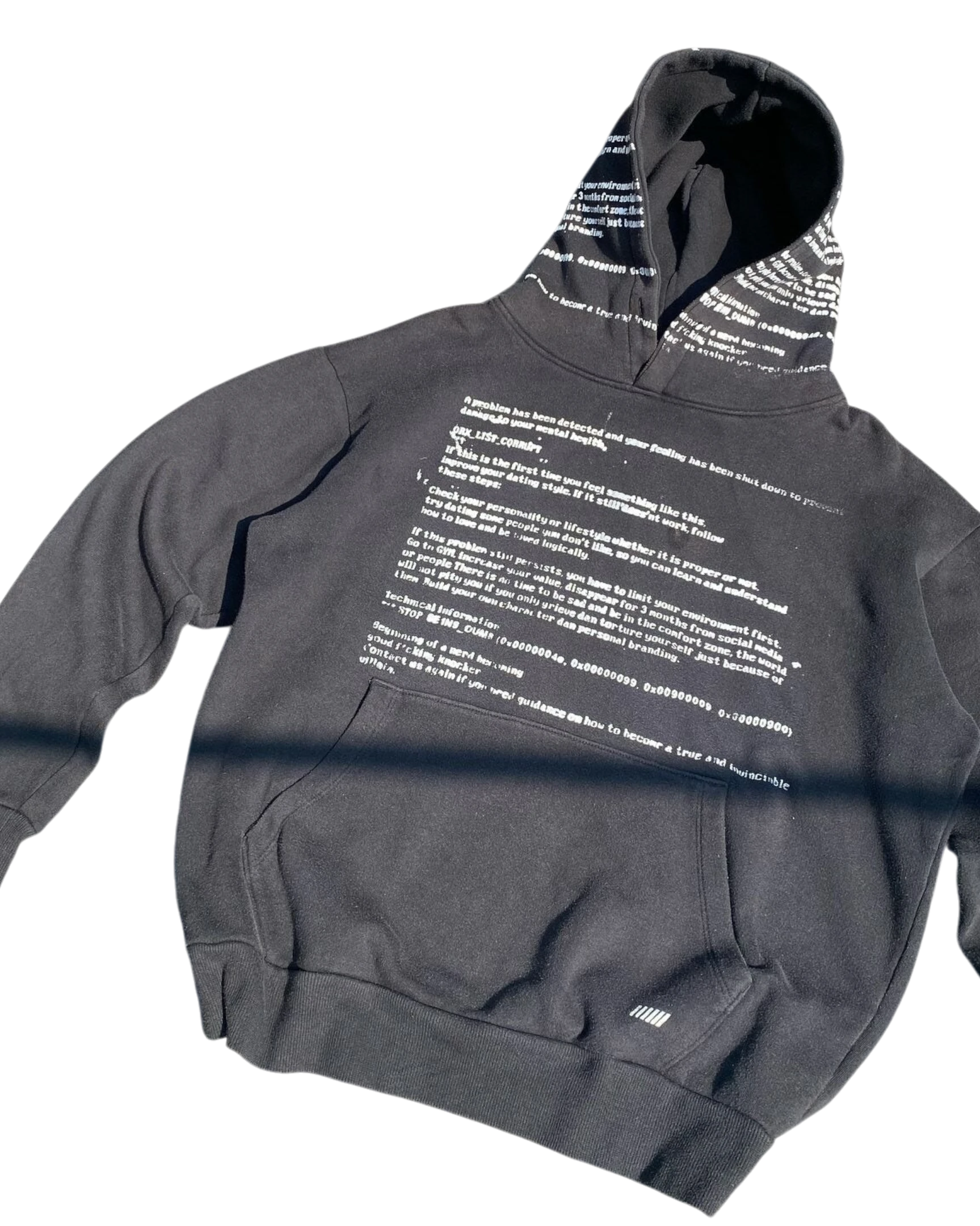 Vicious SYSTEM ERROR oversized black hoodie with white text block print on chest and detailed print on the hood