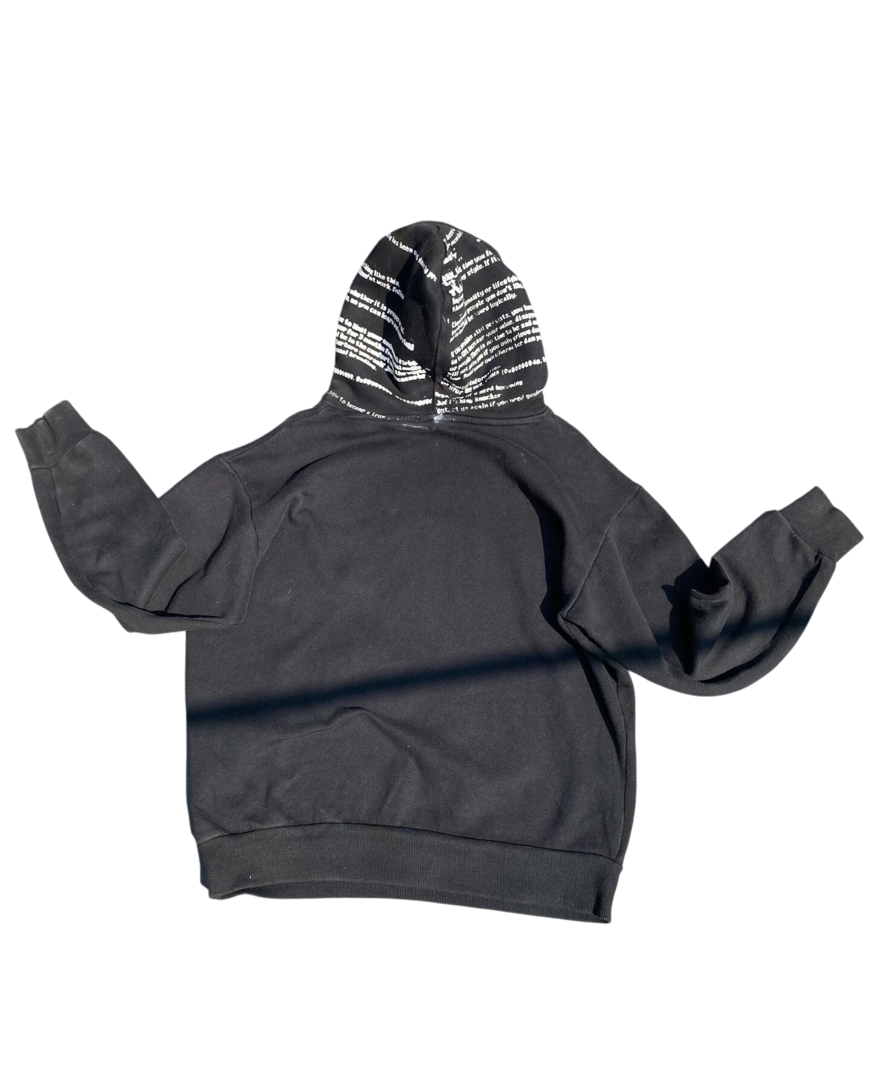Vicious SYSTEM ERROR black oversized hoodie with white text print on the two-tone hood and ribbed cuffs