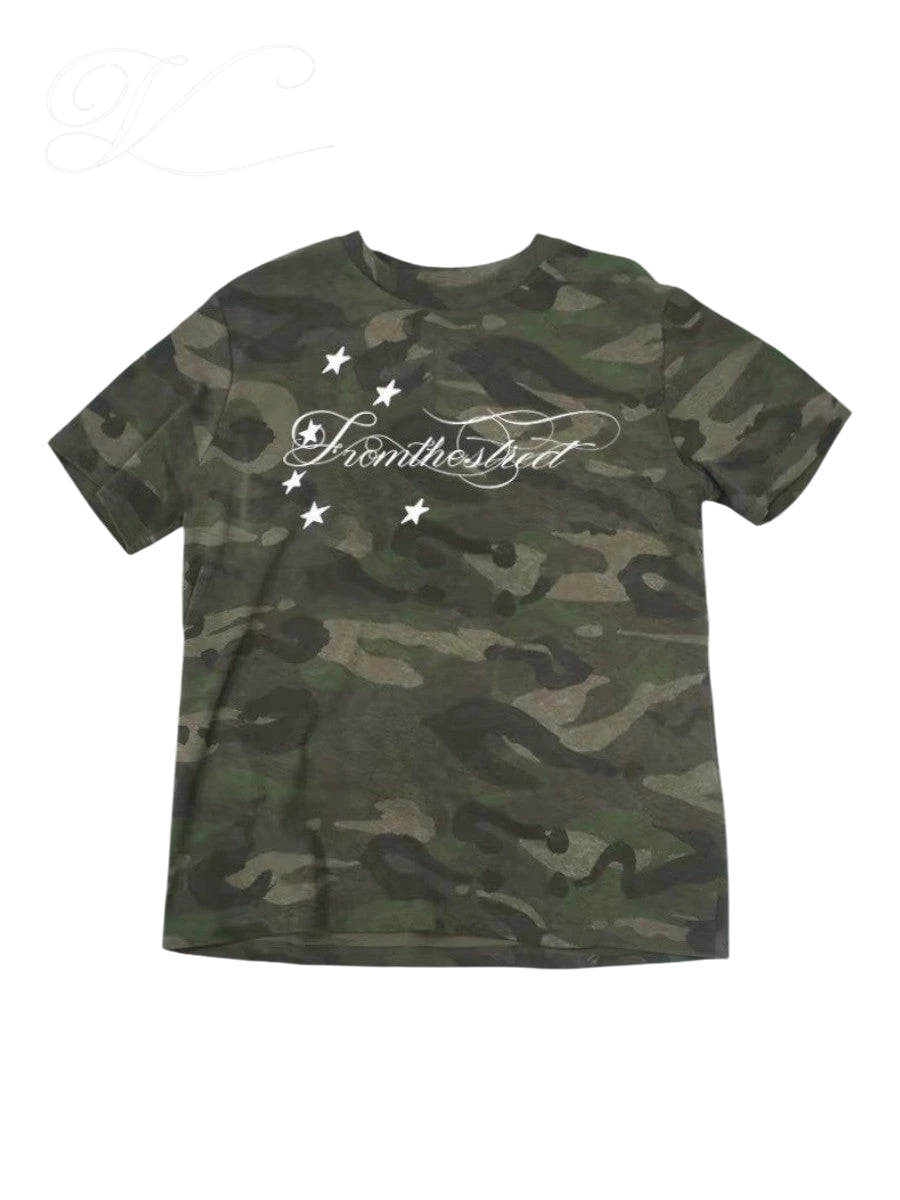 Vicious Tactical Script Tee in camouflage cotton with white cursive lettering and star graphic detail.
