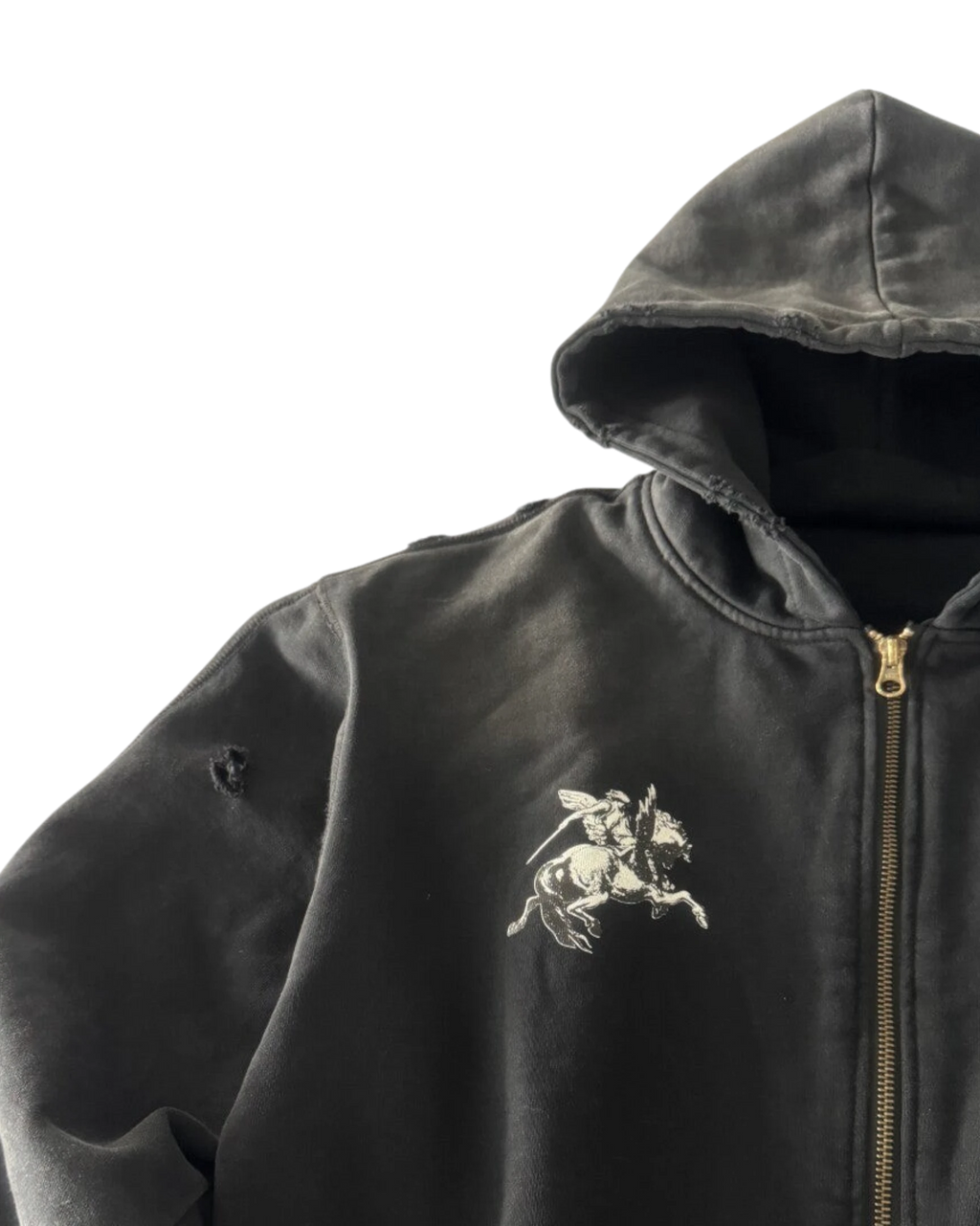 Vicious Templar handmade black cotton terry zip-up hoodie with distressed details and white horse graphic print