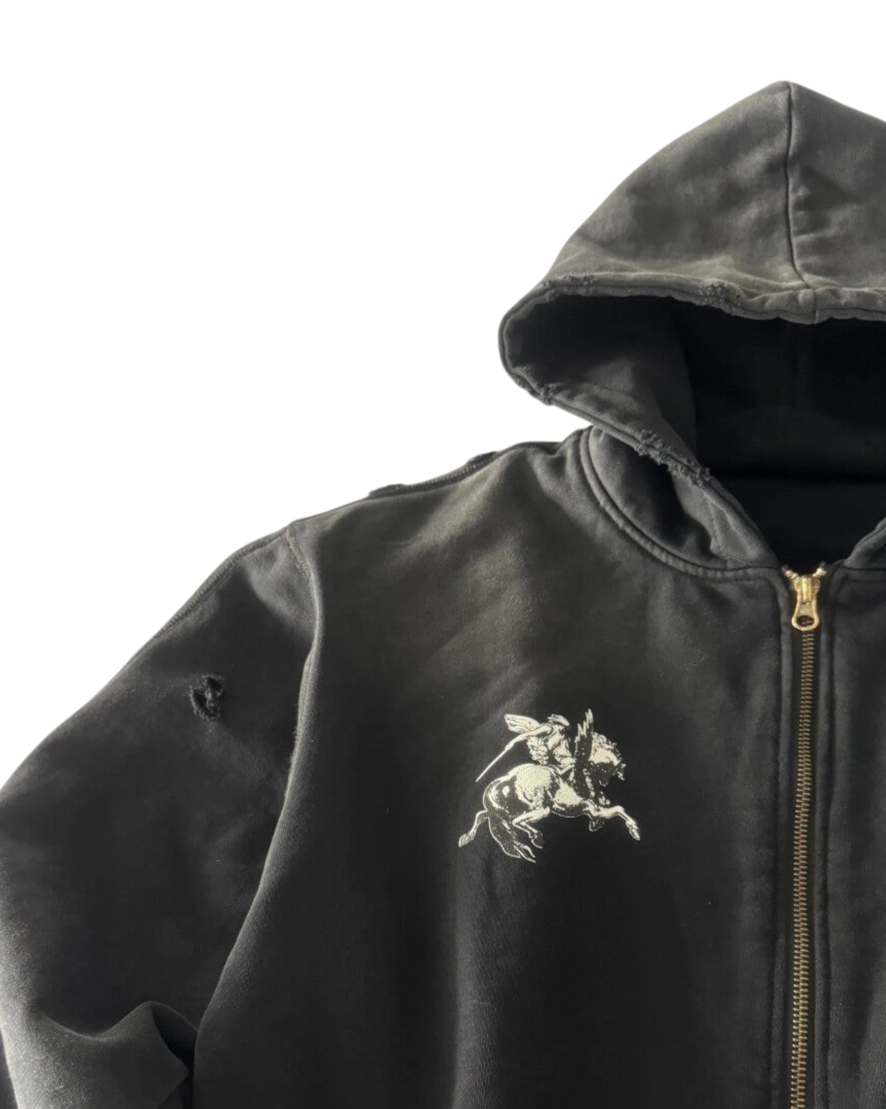 Vicious Templar handmade black cotton terry zip-up hoodie with distressed details and white horse graphic print