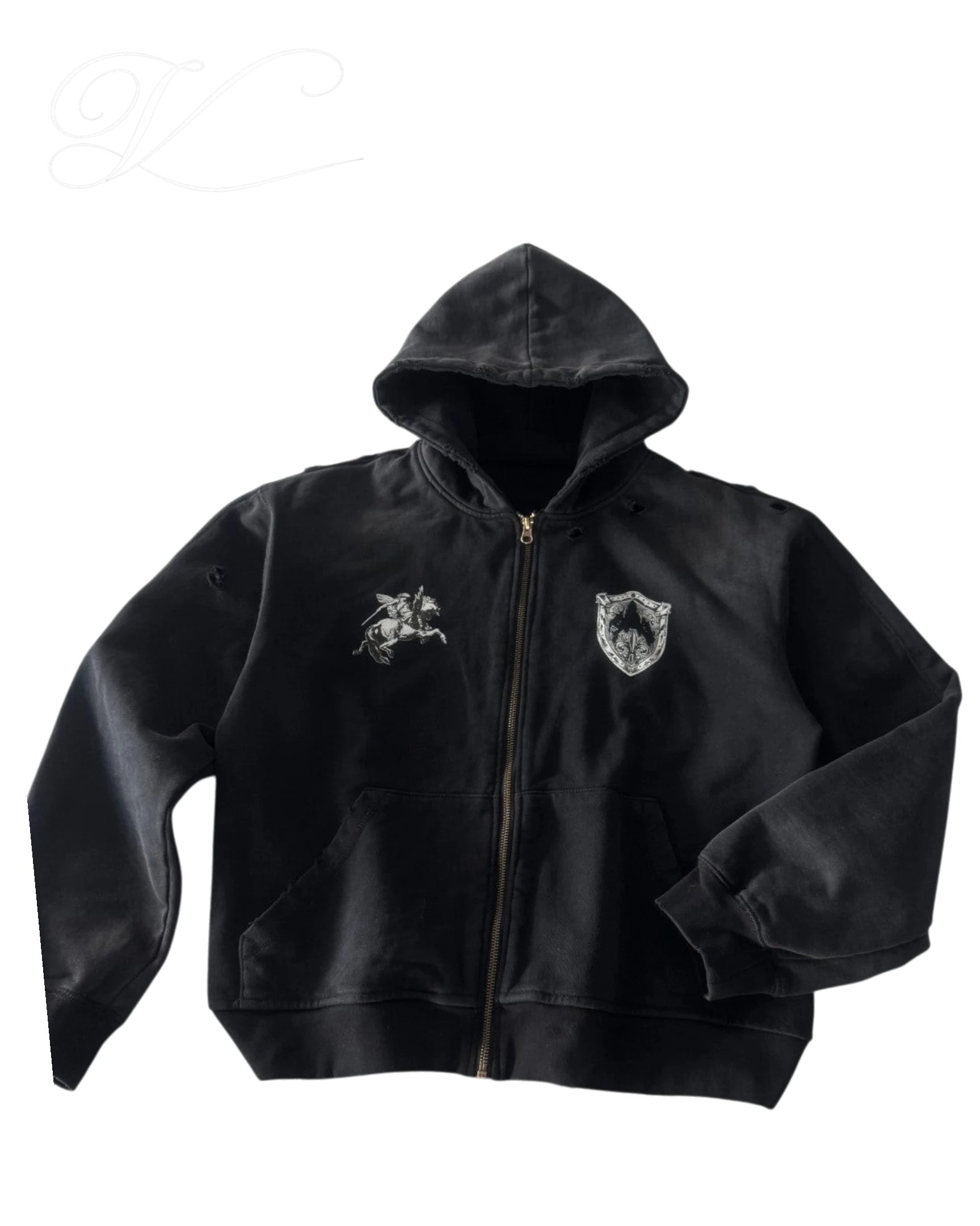 Vicious Templar black cotton terry zip-up hoodie with distressed details, horse graphic, and shield emblem.