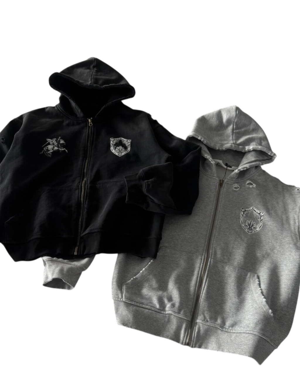 Vicious Templar handmade cotton terry zip-up hoodies in black and grey with distressed destruction details