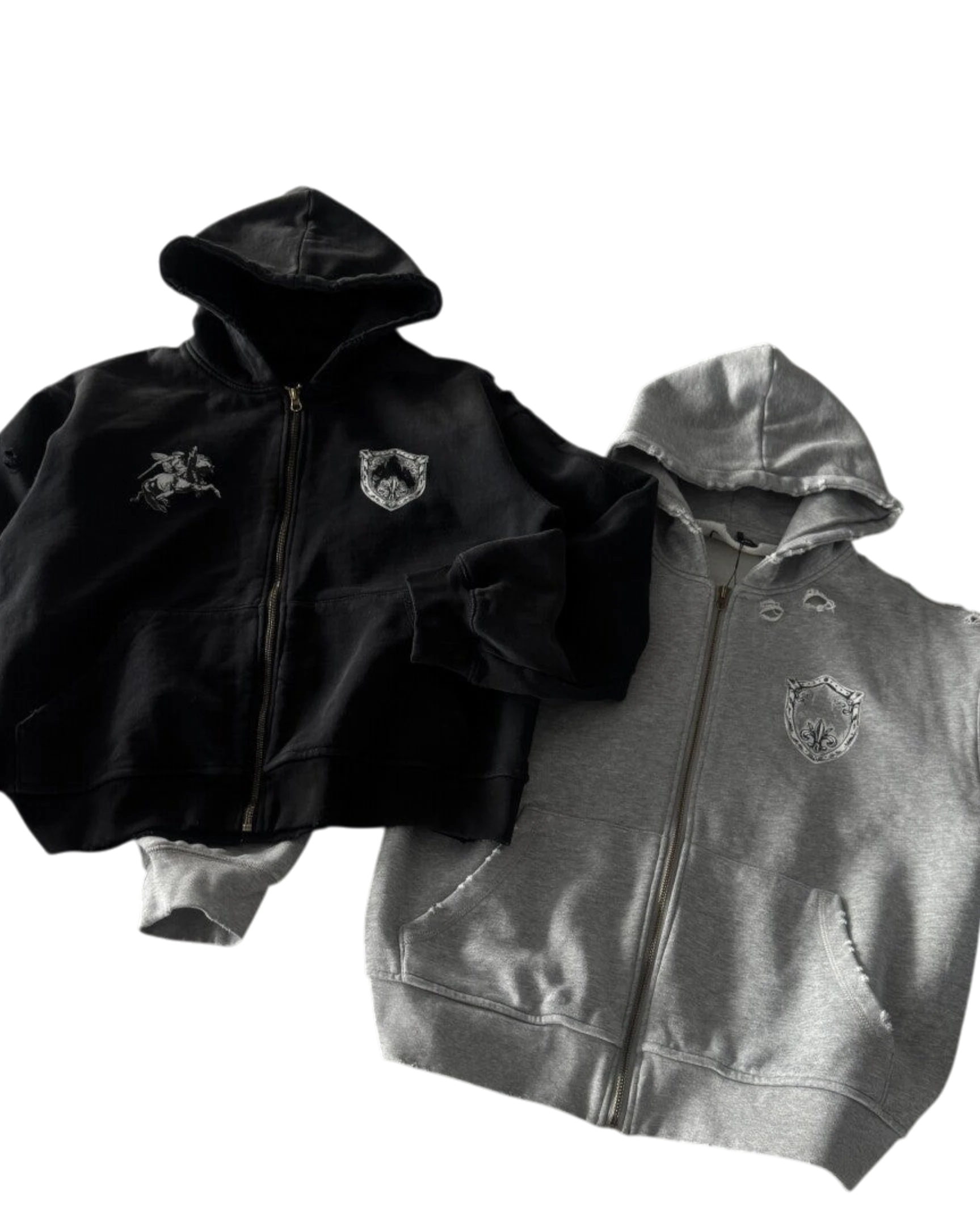 Vicious Templar handmade cotton terry zip-up hoodies in black and grey with distressed destruction details