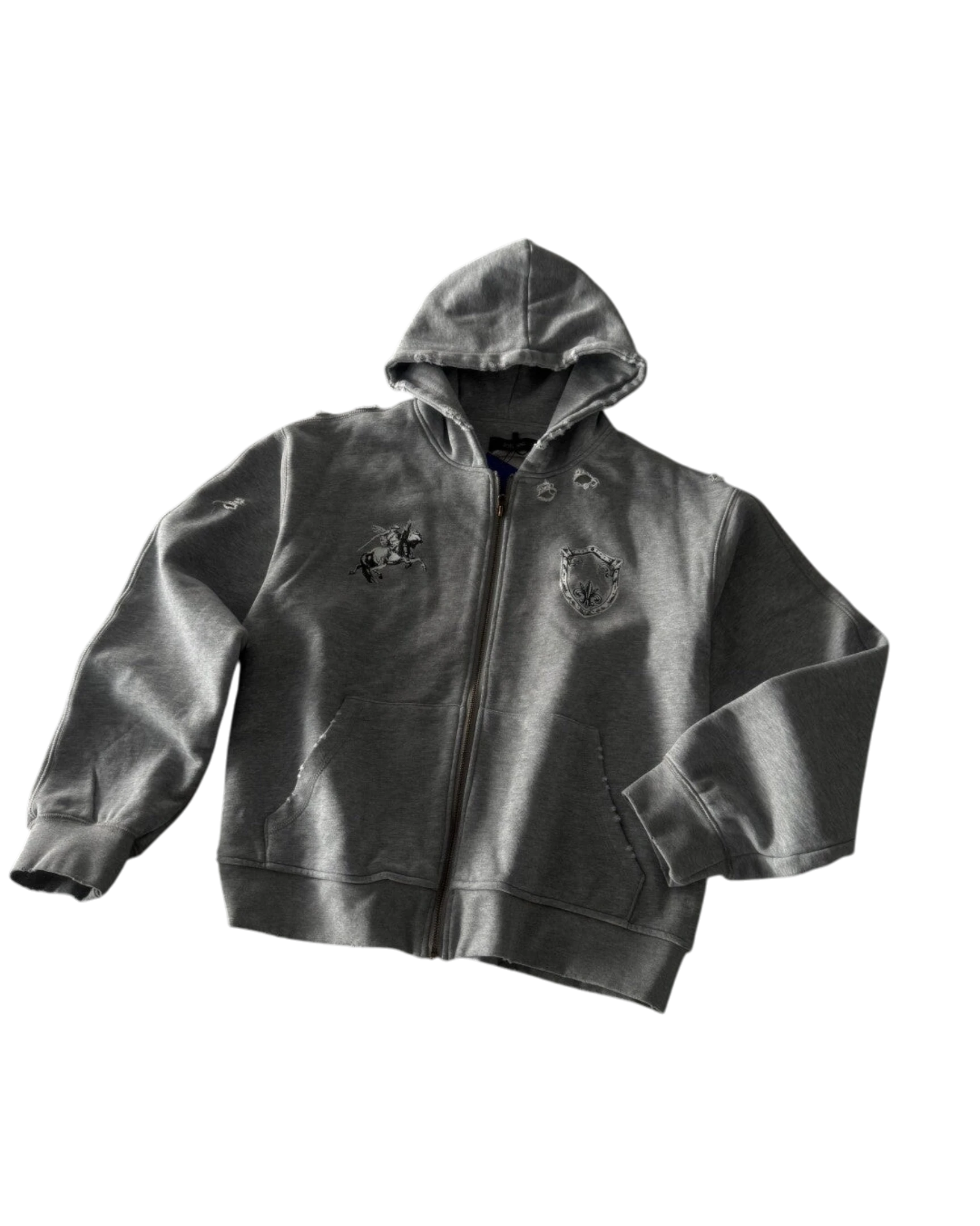 Vicious Templar grey cotton terry zip-up hoodie with handmade destruction, spray details, and horse graphic.