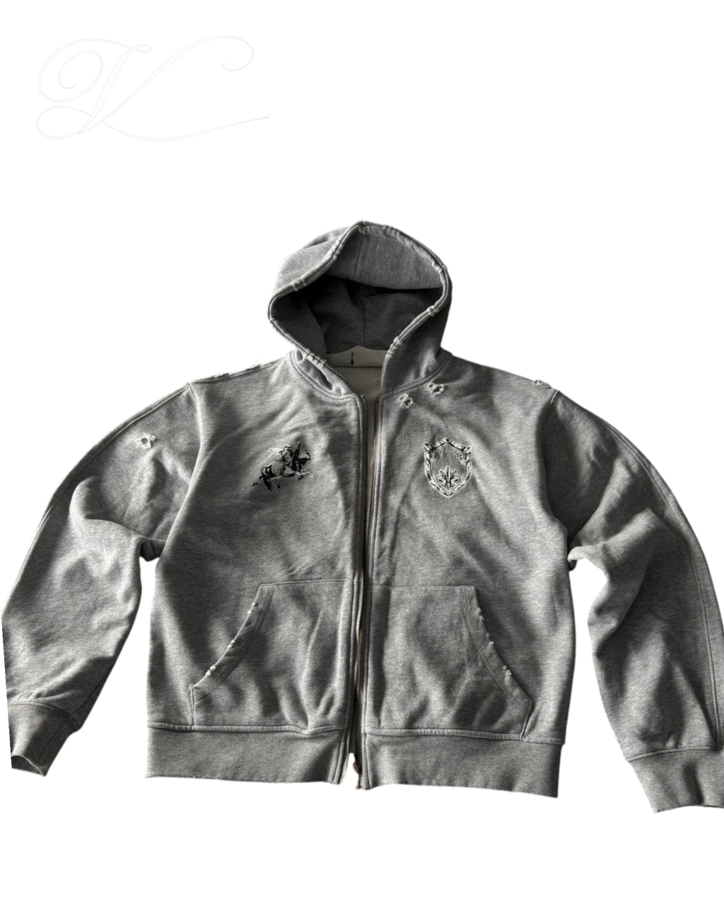 Vicious Templar grey cotton terry zip-up hoodie with handmade destruction, spray wash, and embroidered chest patches.