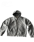 Vicious Templar grey cotton terry zip-up hoodie with handmade destruction, spray wash, and embroidered chest patches.