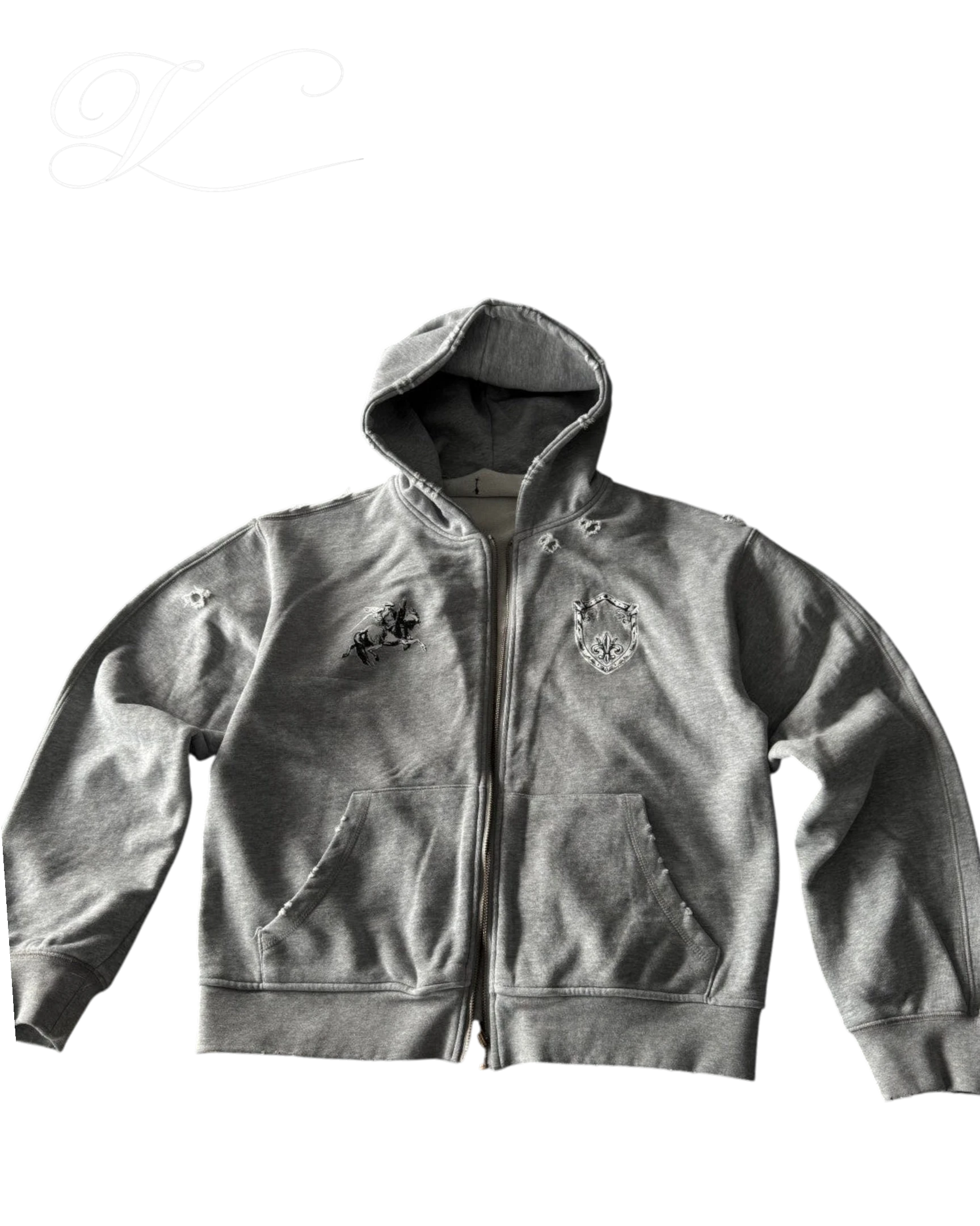 Vicious Templar grey cotton terry zip-up hoodie with handmade destruction, spray wash, and embroidered chest patches.