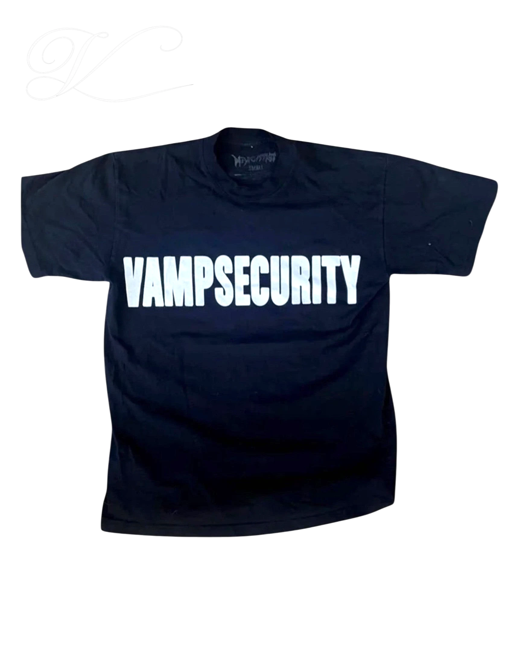 Vicious VAMPSECURITY black cotton t-shirt with white bold text graphic, short sleeves, and crew neck.