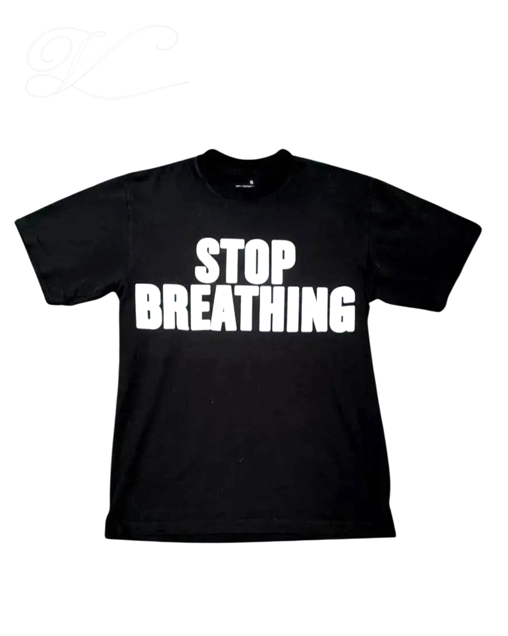 Vicious VAMPSECURITY black cotton t-shirt with white STOP BREATHING graphic print on the chest.