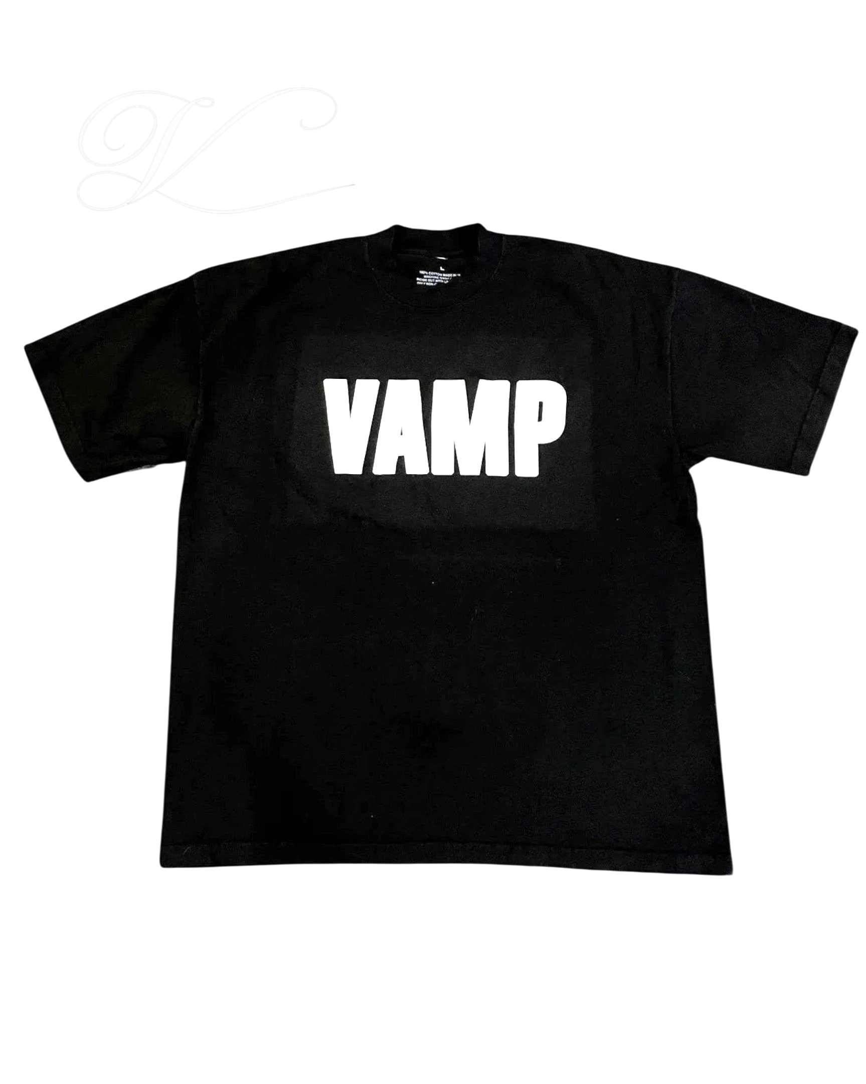 Vicious VAMPSECURITY black cotton t-shirt with short sleeves, crew neck, and bold white VAMP graphic print.