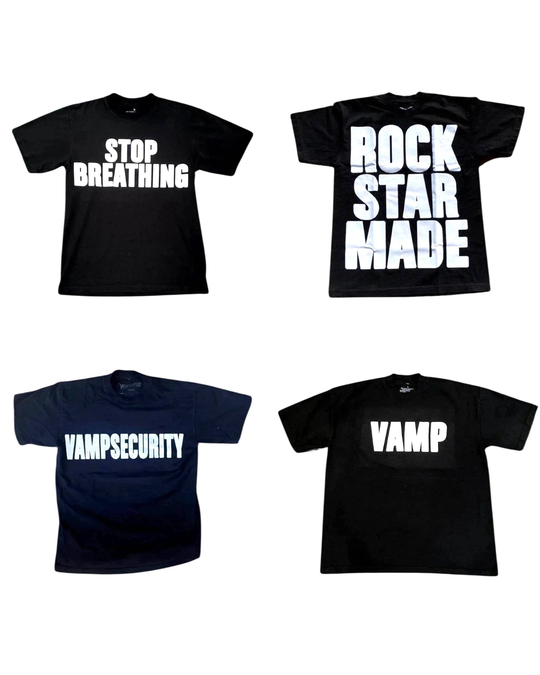 Vicious VAMPSECURITY black cotton t-shirt collection featuring various graphic text designs in white print.