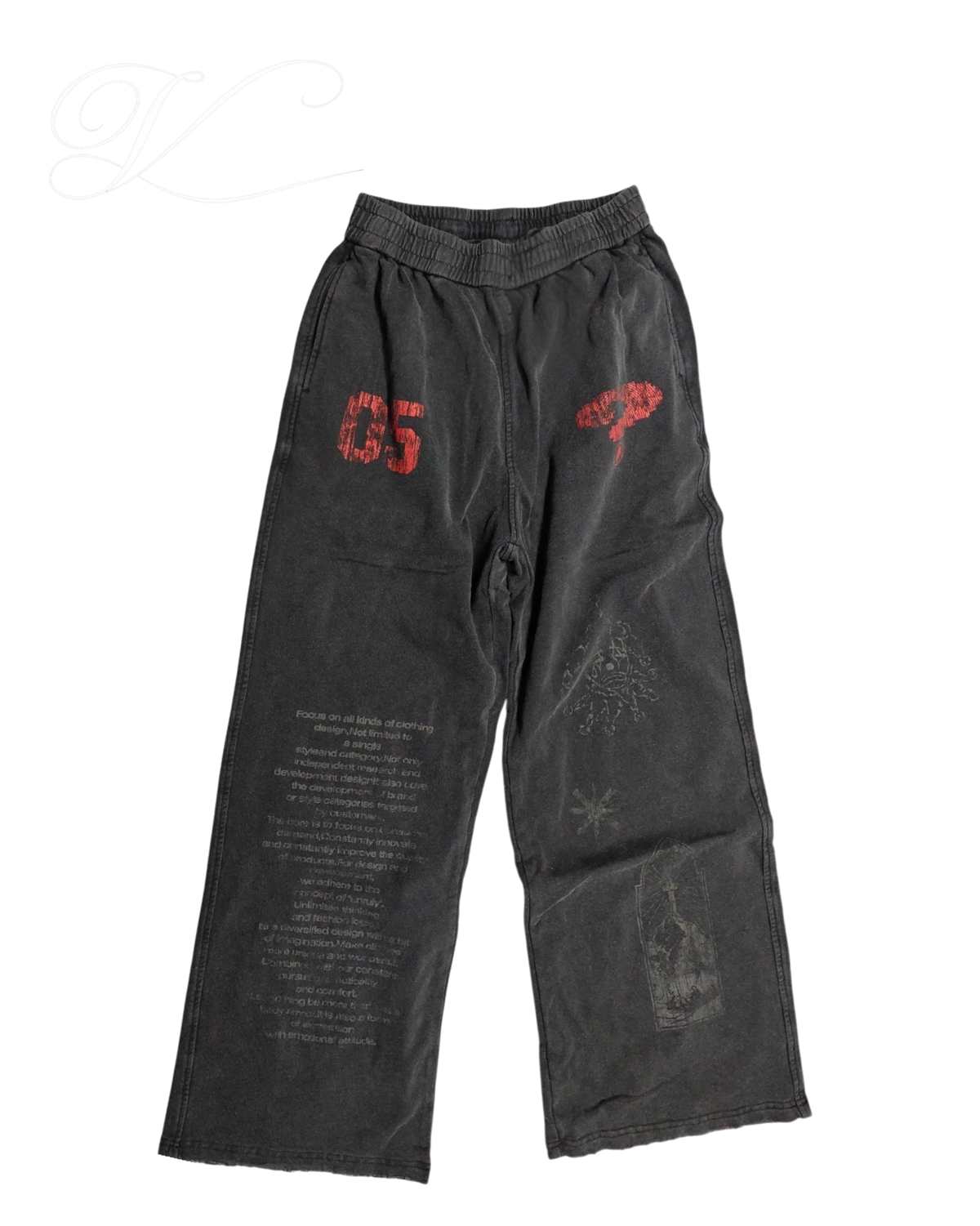 Vicious Vintage 05 wide leg cotton joggers in washed black with red graphic print and text details.