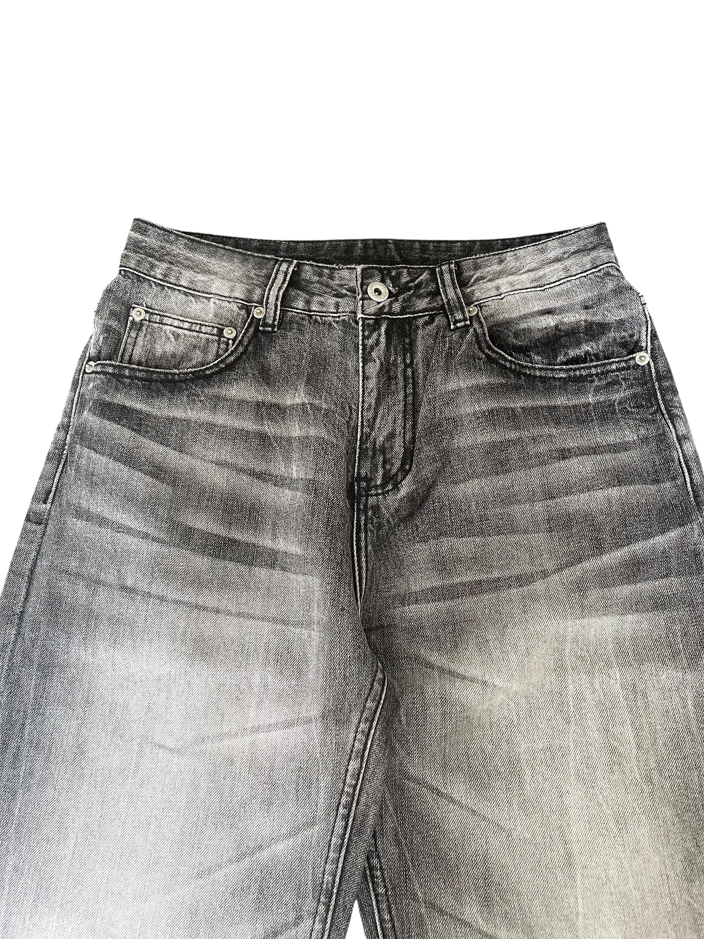 Vicious washed black vintage style wide-leg jeans with distressed cat whisker fading and silver button detail