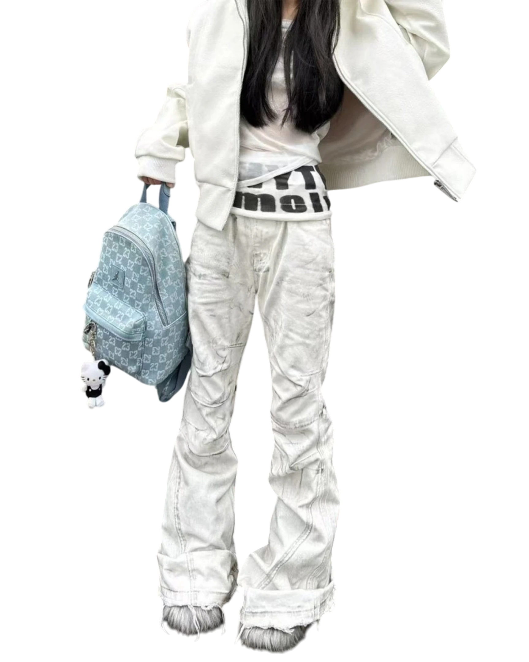 Vicious vintage-style flared jeans with raw edges and gradient wash, paired with a white jacket and blue backpack.