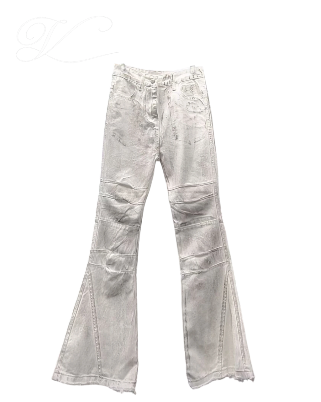 Vicious vintage-style flared jeans in a light grey gradient wash with raw edge hems and paneled detailing.