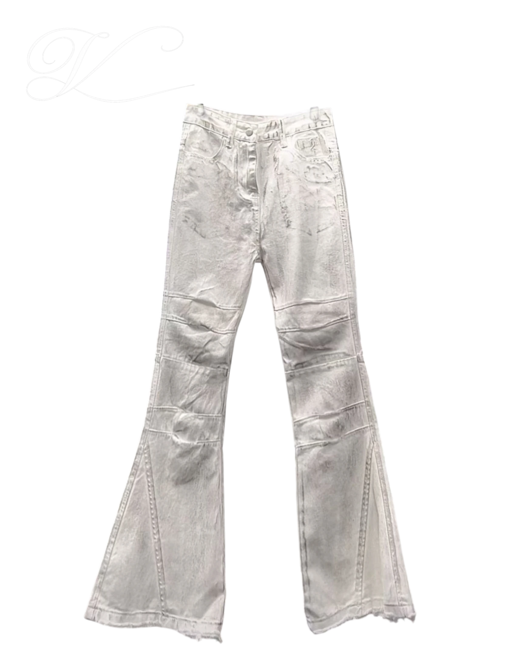Vicious vintage-style flared jeans in a light grey gradient wash with raw edge hems and paneled detailing.