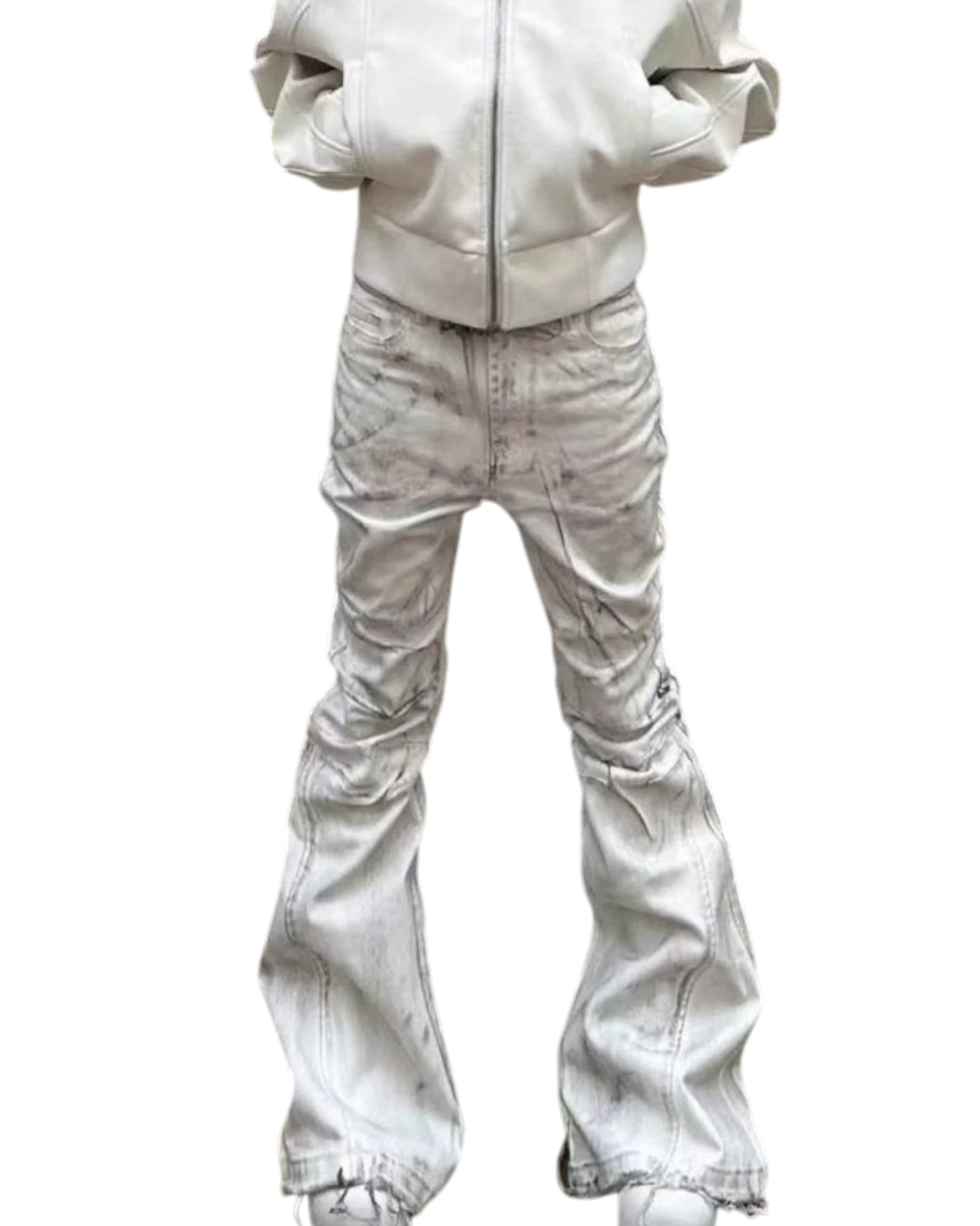 Vicious men's vintage-style flared jeans in a distressed white gradient wash with raw edge hems and high street fit