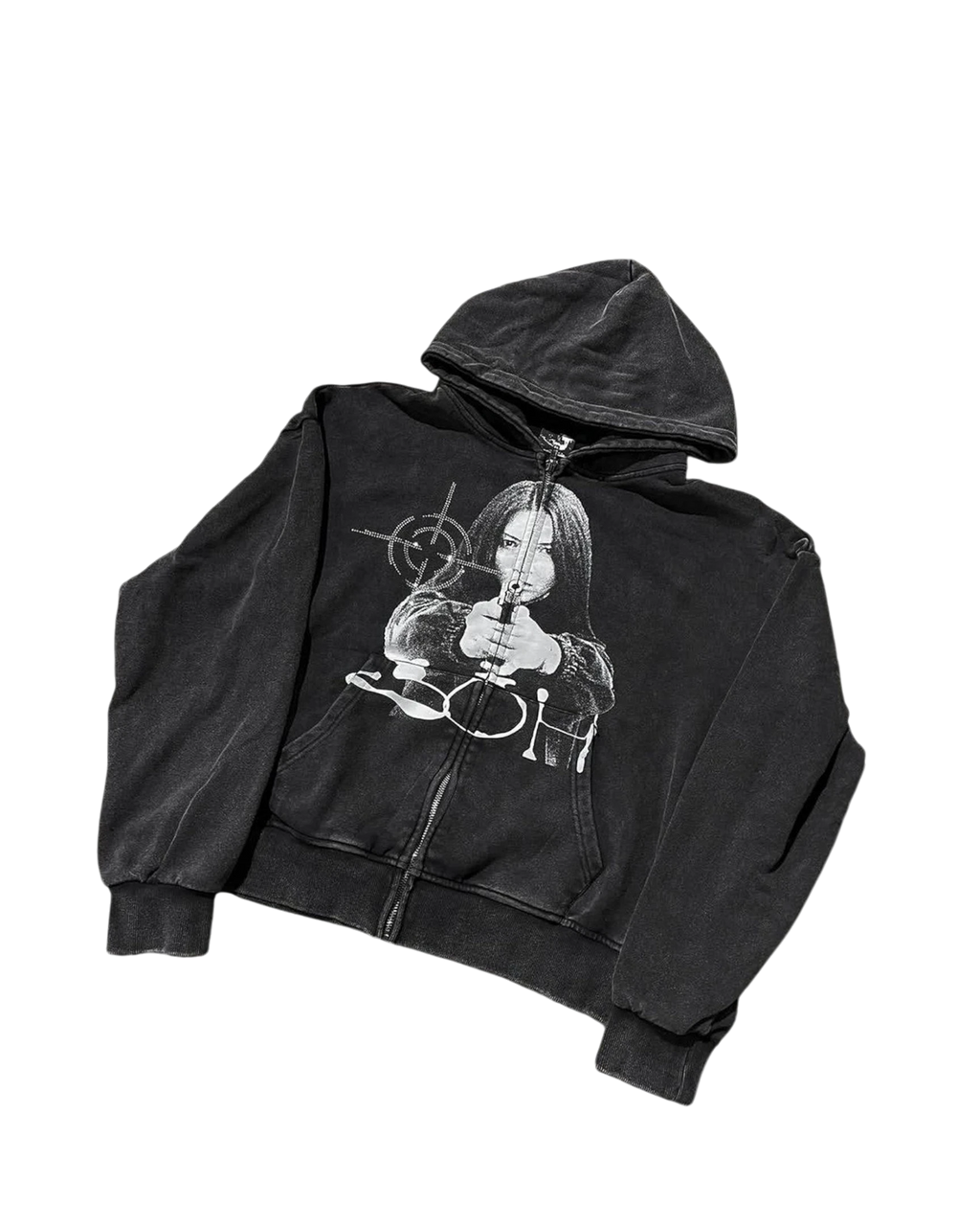 Vicious vintage washed black zip-up hoodie featuring a distressed graphic print of a woman with a target overlay.
