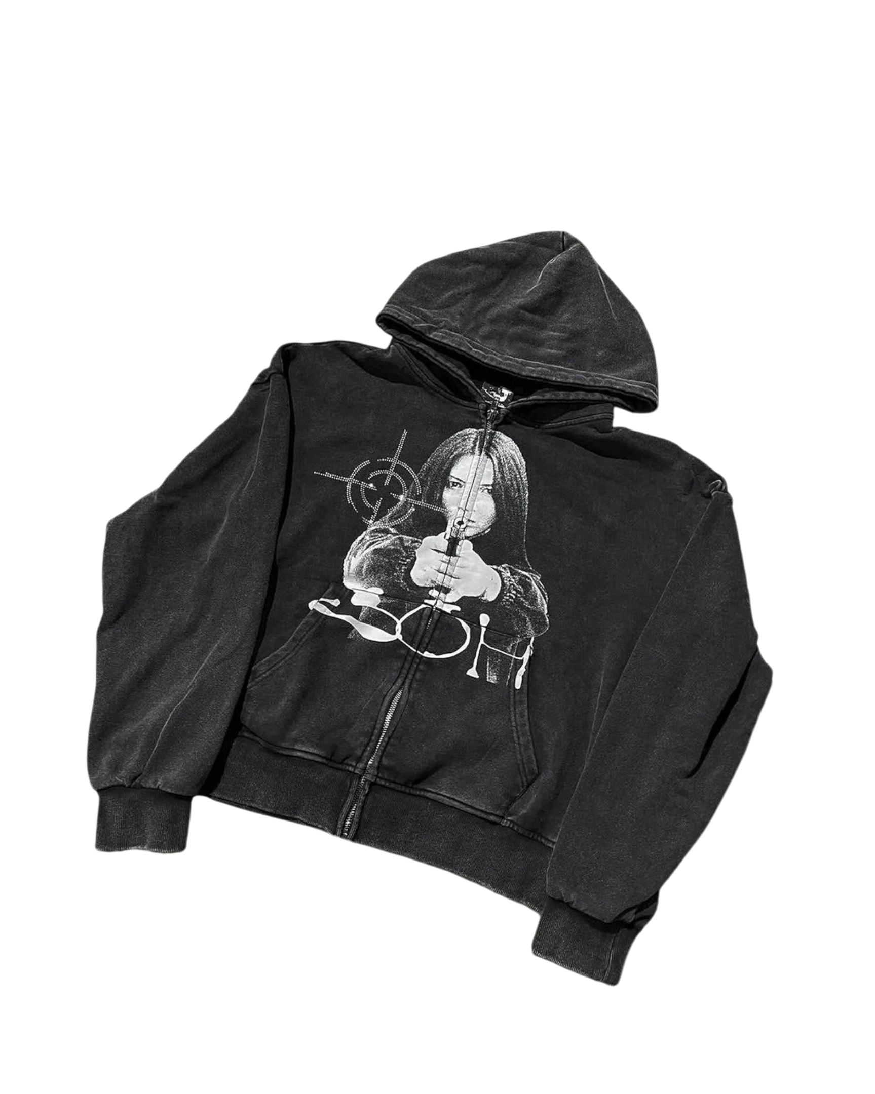 Vicious vintage washed black zip-up hoodie featuring a distressed graphic print of a woman with a target overlay.