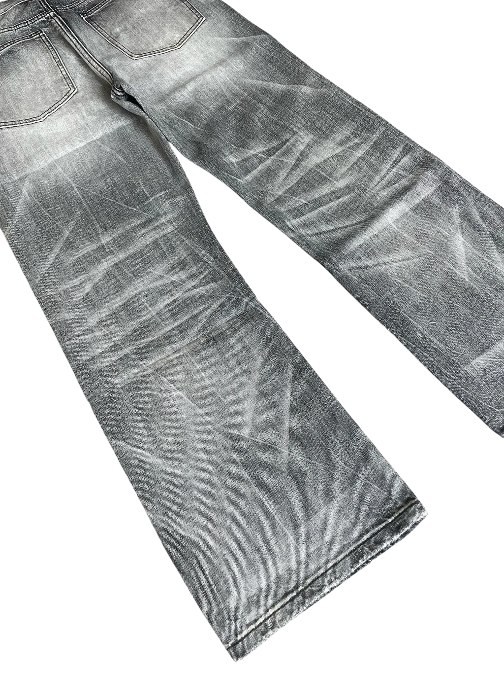 Vicious washed black and gray wide-leg jeans with distressed cat whisker detailing and a vintage street style finish.