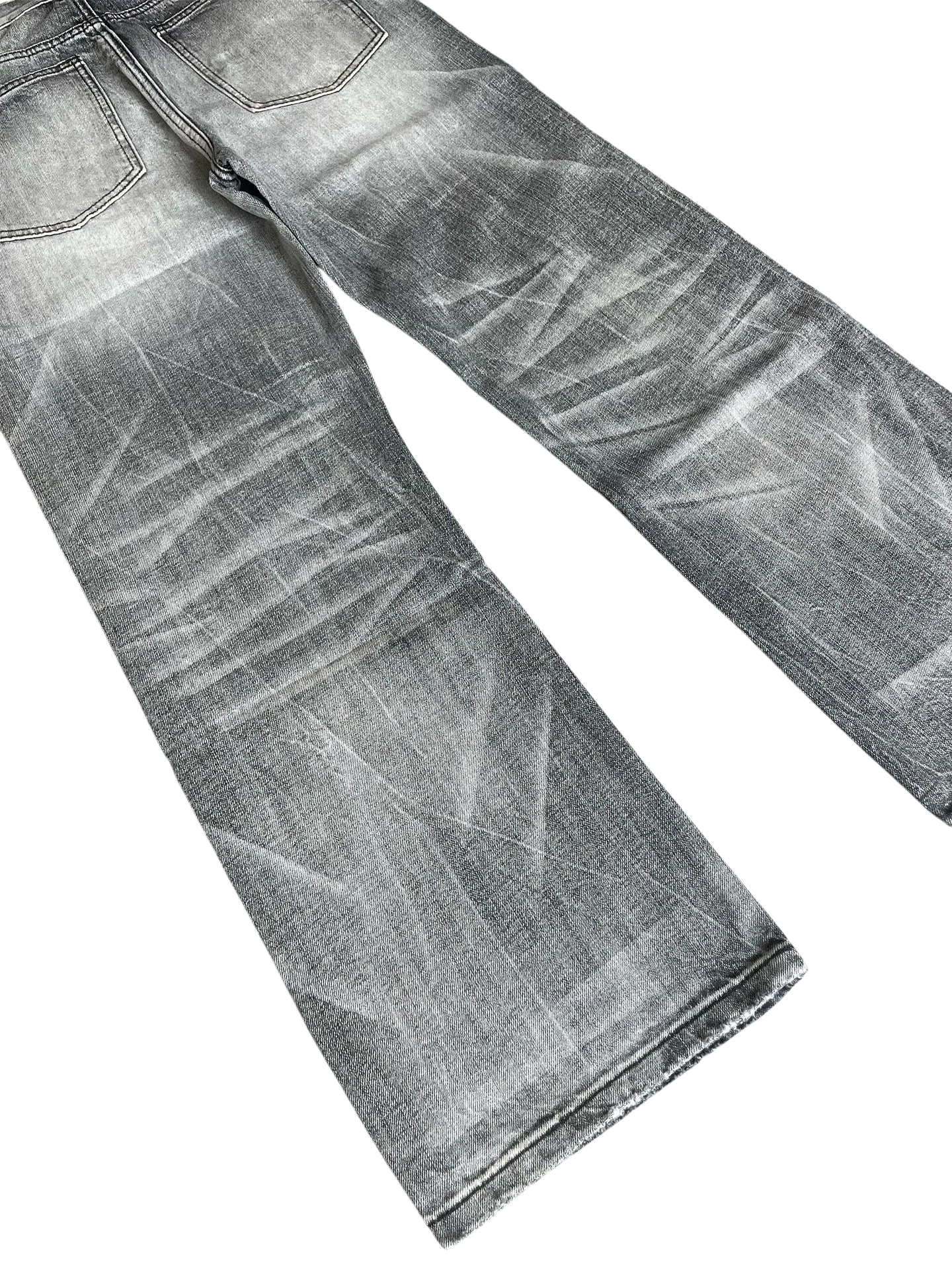 Vicious washed black and gray wide-leg jeans with distressed cat whisker detailing and a vintage street style finish.